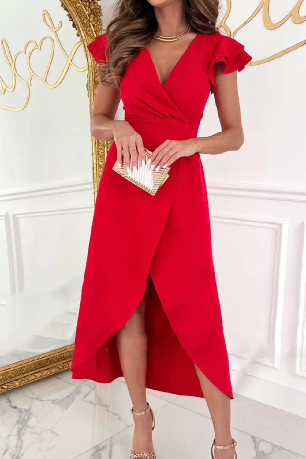 Surplice Ruffled Cap Sleeve Zip Back Dress - Flip Flop Dynasty