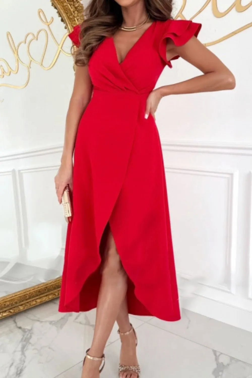 Surplice Ruffled Cap Sleeve Zip Back Dress - Flip Flop Dynasty