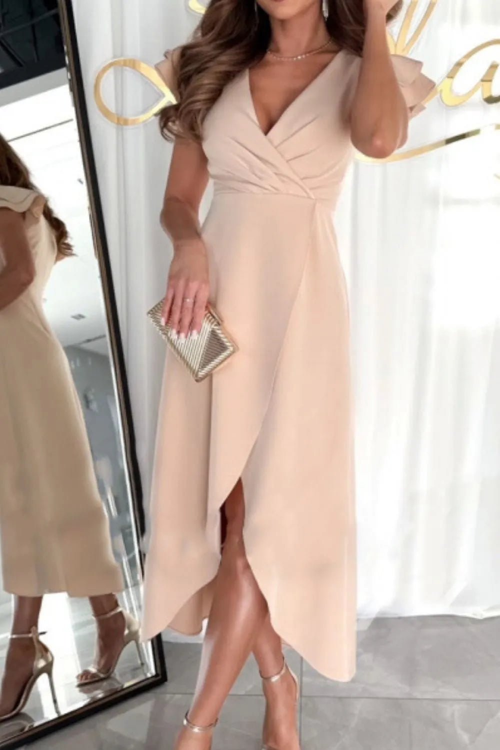 Surplice Ruffled Cap Sleeve Zip Back Dress - Flip Flop Dynasty