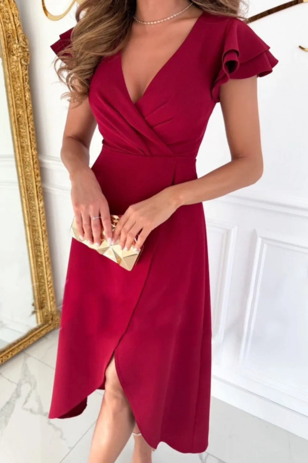 Surplice Ruffled Cap Sleeve Zip Back Dress - Flip Flop Dynasty