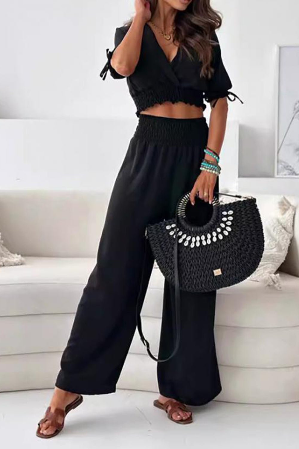 Surplice Short Sleeve Top and Pants Set - Flip Flop Dynasty