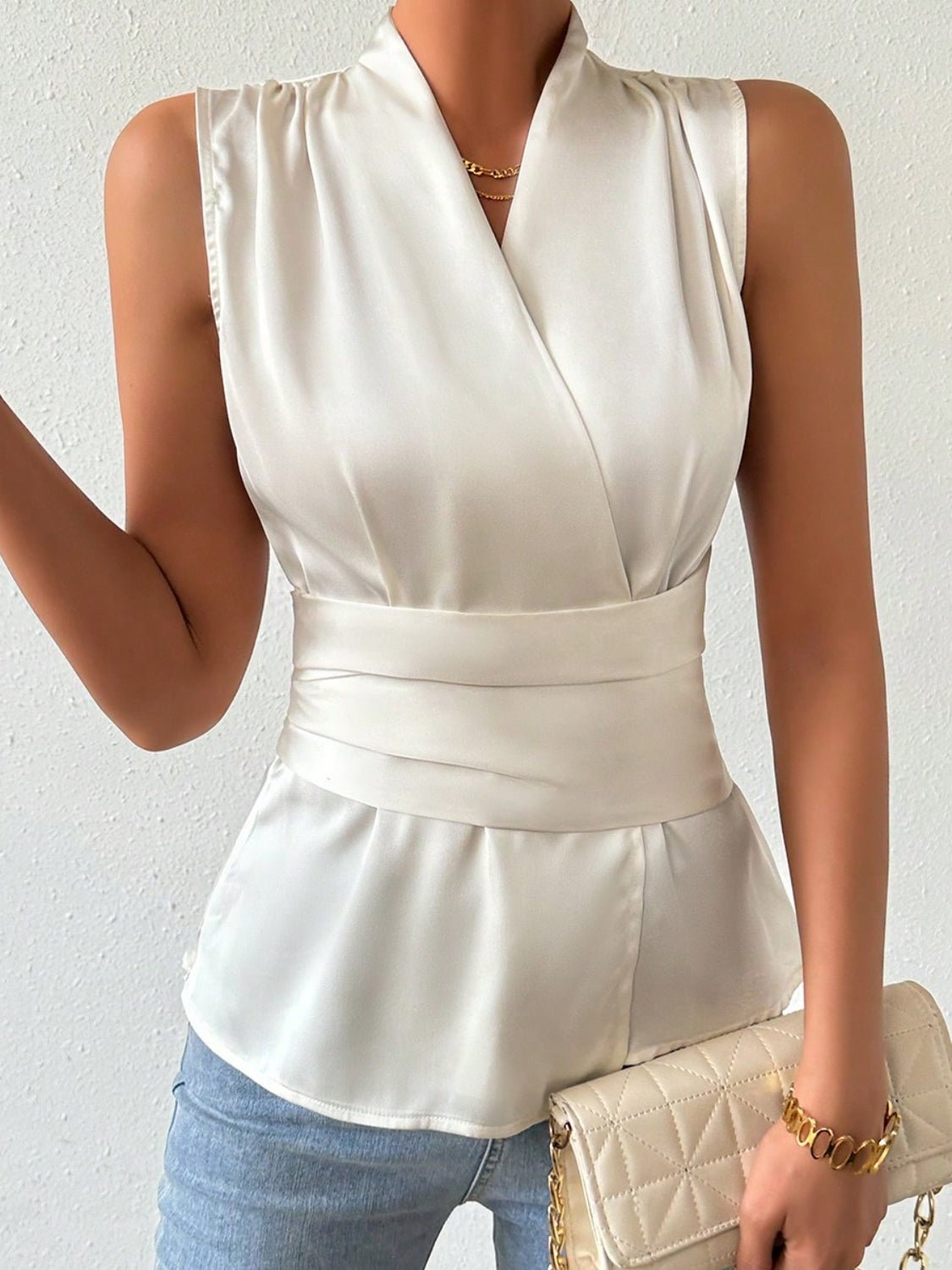 Surplice Sleeveless Satin Blouse - Flip Flop Dynasty