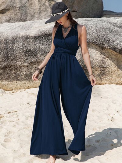 Surplice Wide Leg Jumpsuit with Free Tie - Flip Flop Dynasty