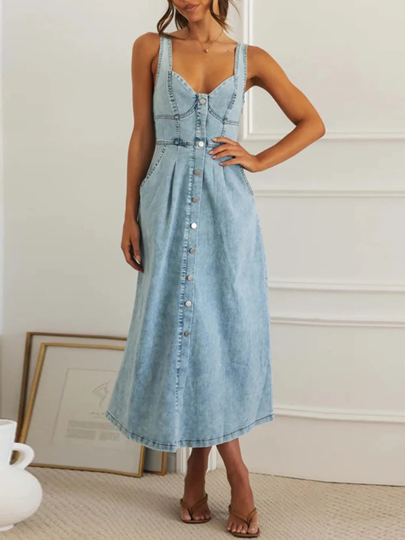 Sweetheart Neck Button - Front Midi Denim Dress - Flip Flop Dynasty
