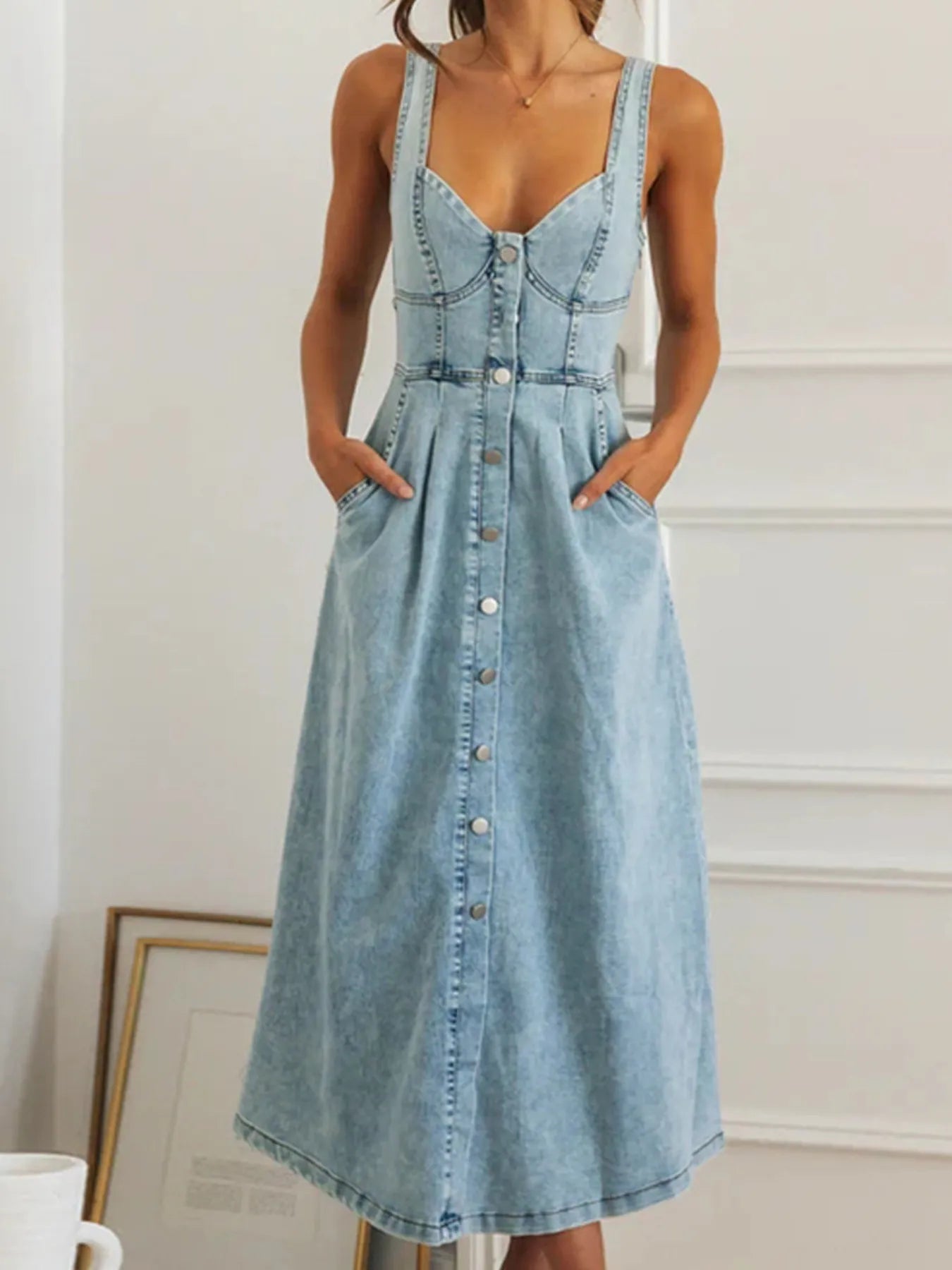Sweetheart Neck Button - Front Midi Denim Dress - Flip Flop Dynasty