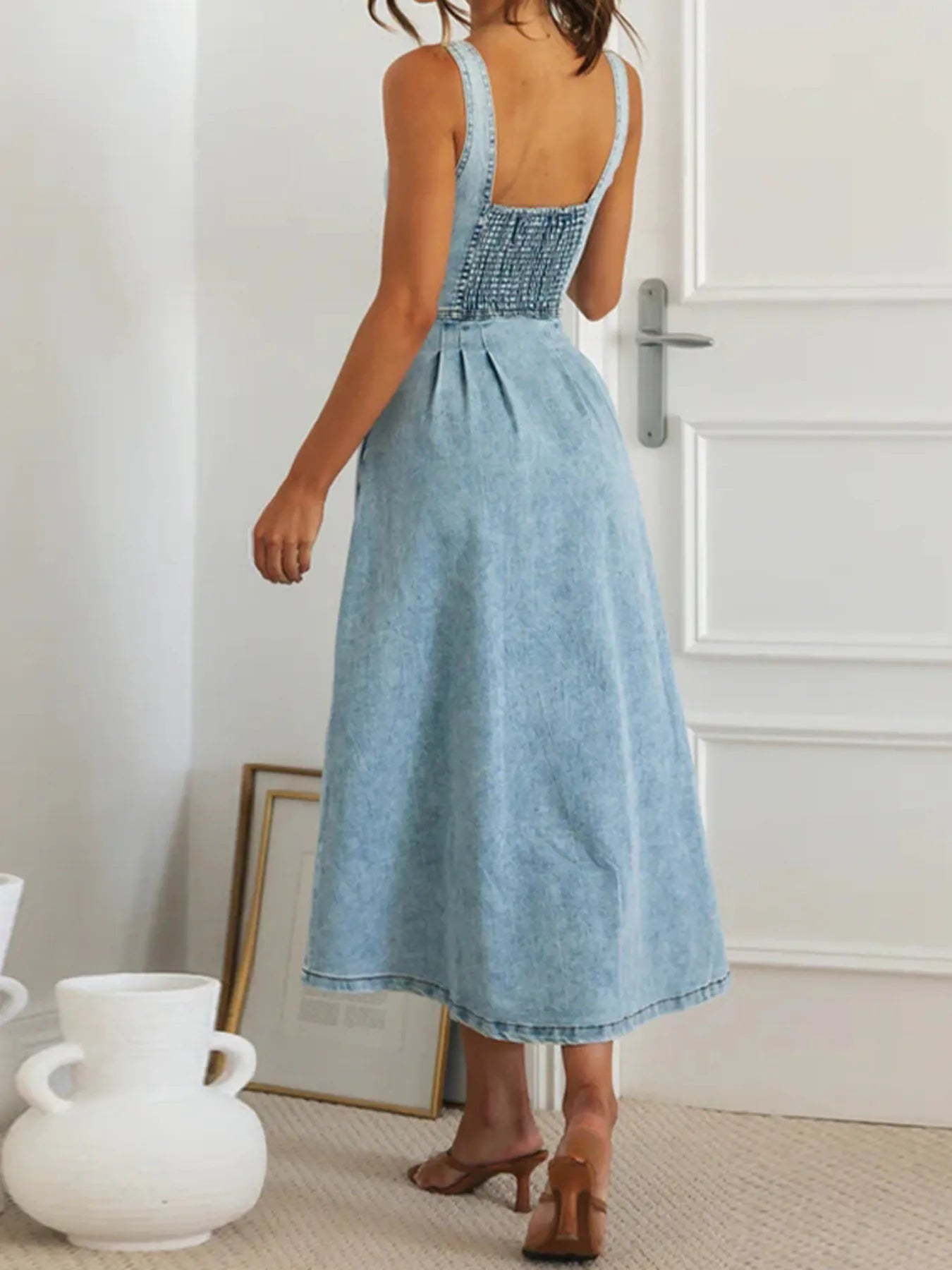 Sweetheart Neck Button - Front Midi Denim Dress - Flip Flop Dynasty