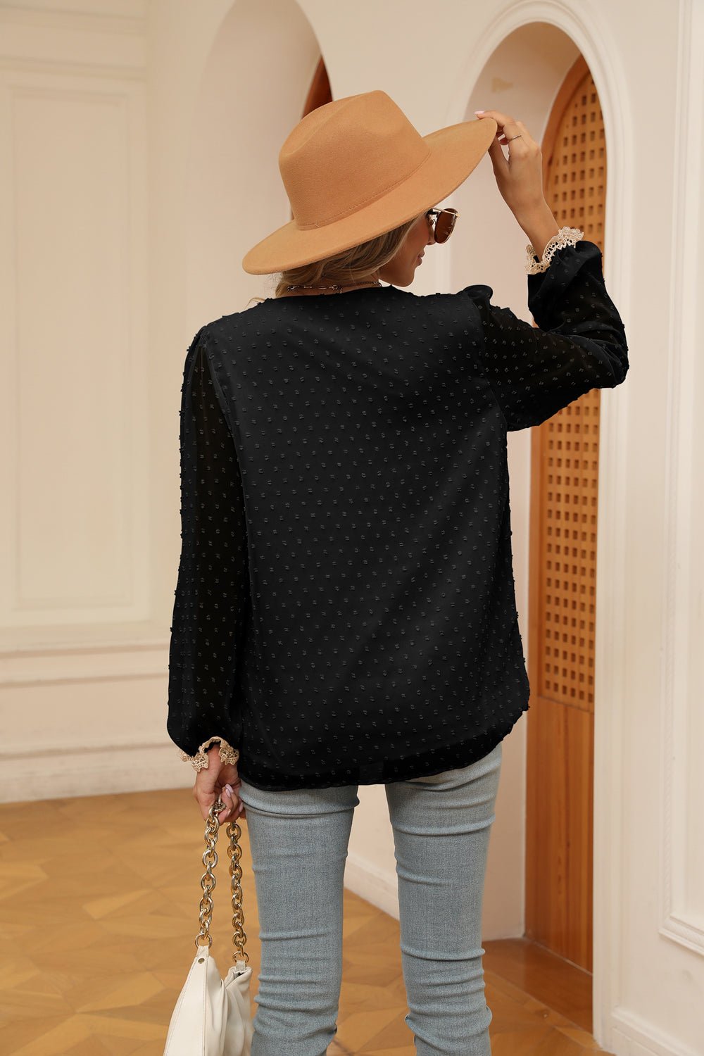 Swiss Dot Contrast V-Neck Blouse - Flip Flop Dynasty