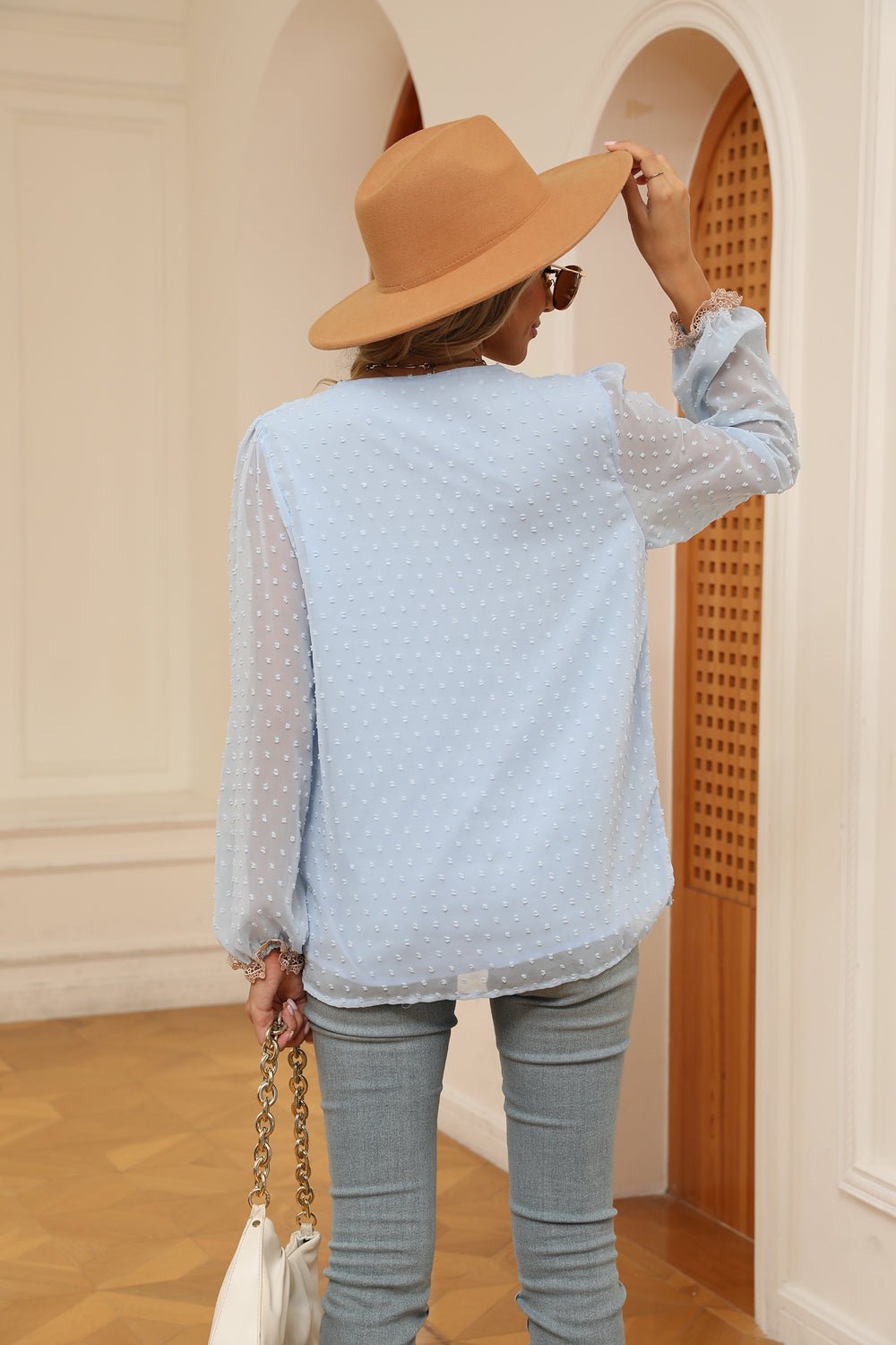 Swiss Dot Contrast V-Neck Blouse - Flip Flop Dynasty
