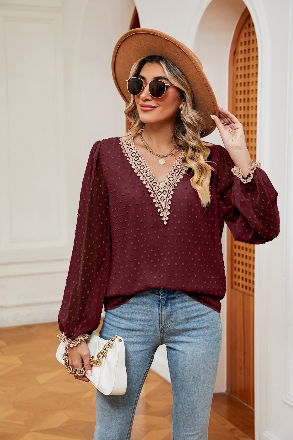 Swiss Dot Contrast V-Neck Blouse - Flip Flop Dynasty