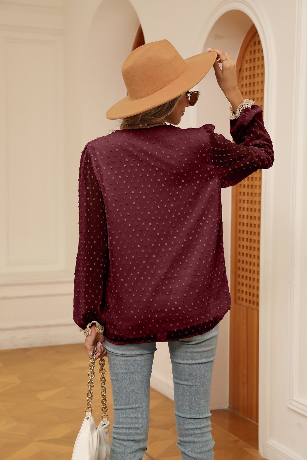 Swiss Dot Contrast V-Neck Blouse - Flip Flop Dynasty