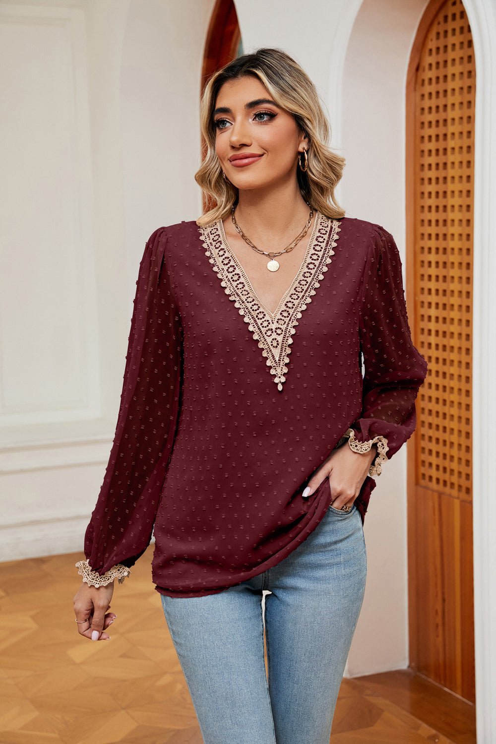 Swiss Dot Contrast V-Neck Blouse - Flip Flop Dynasty