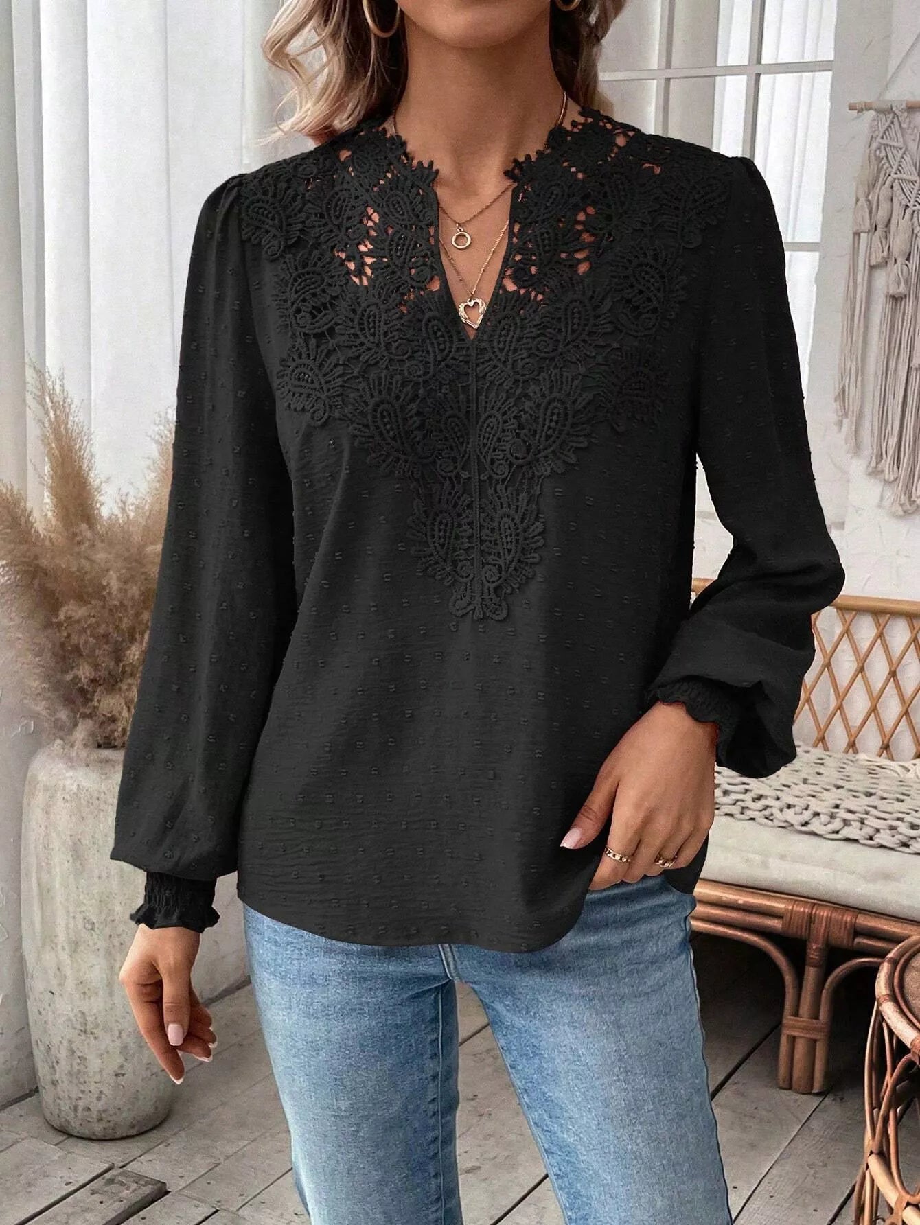 Swiss Dot Lace Detail Long Sleeve Blouse - Flip Flop Dynasty