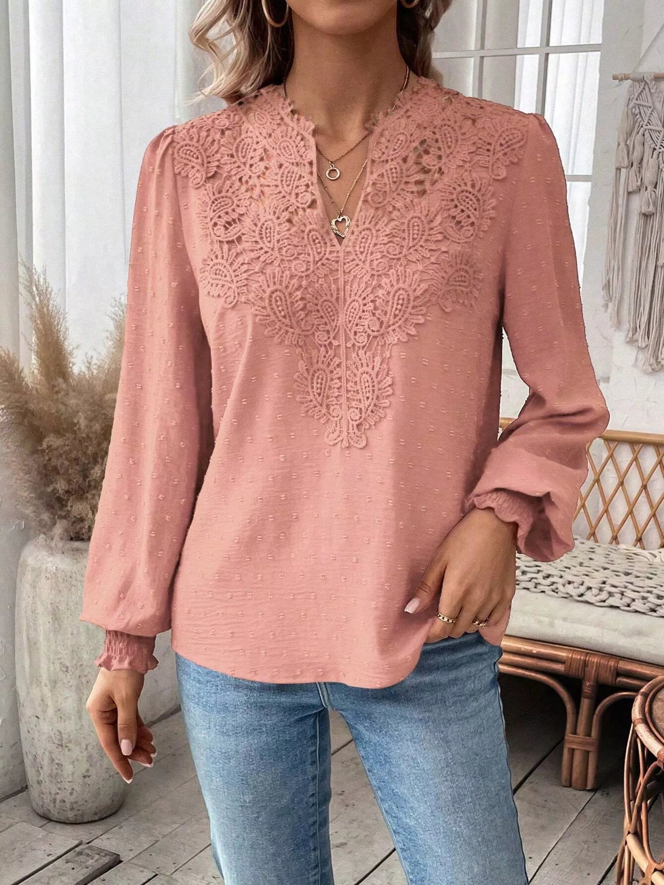 Swiss Dot Lace Detail Long Sleeve Blouse - Flip Flop Dynasty