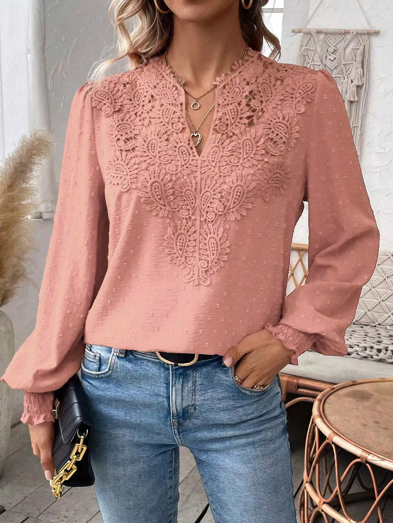 Swiss Dot Lace Detail Long Sleeve Blouse - Flip Flop Dynasty