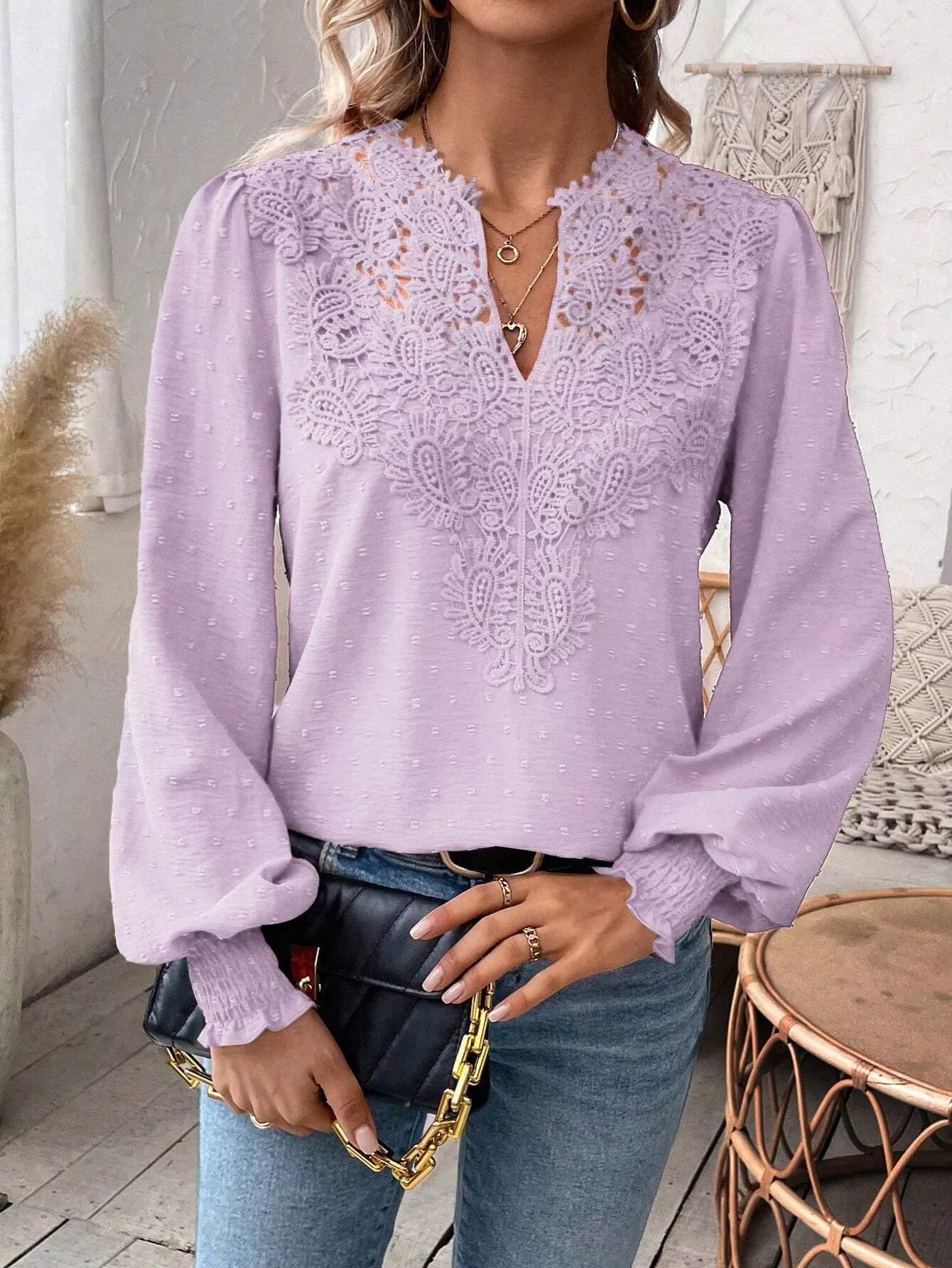 Swiss Dot Lace Detail Long Sleeve Blouse - Flip Flop Dynasty