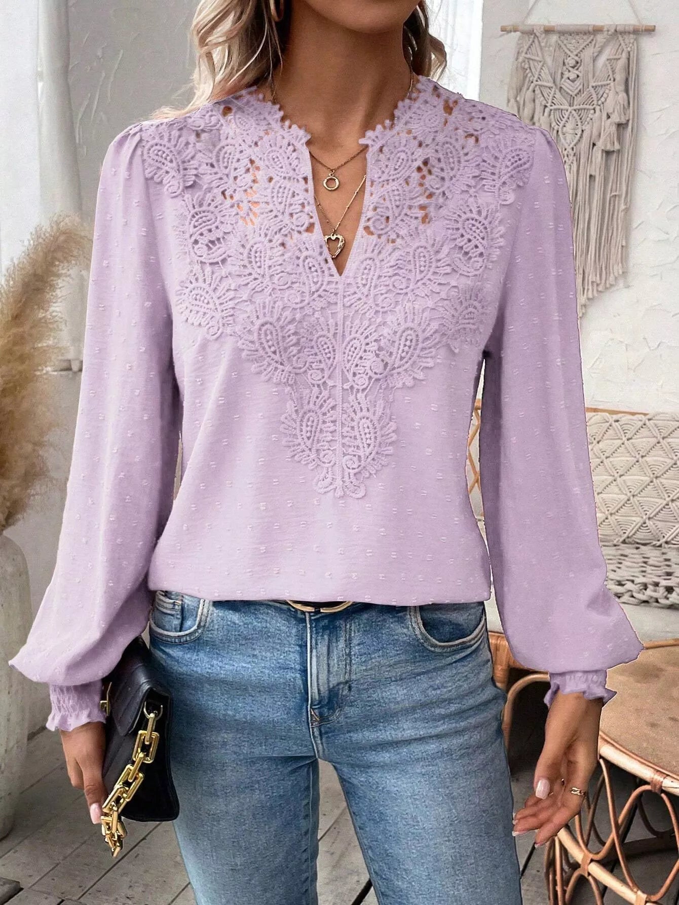 Swiss Dot Lace Detail Long Sleeve Blouse - Flip Flop Dynasty