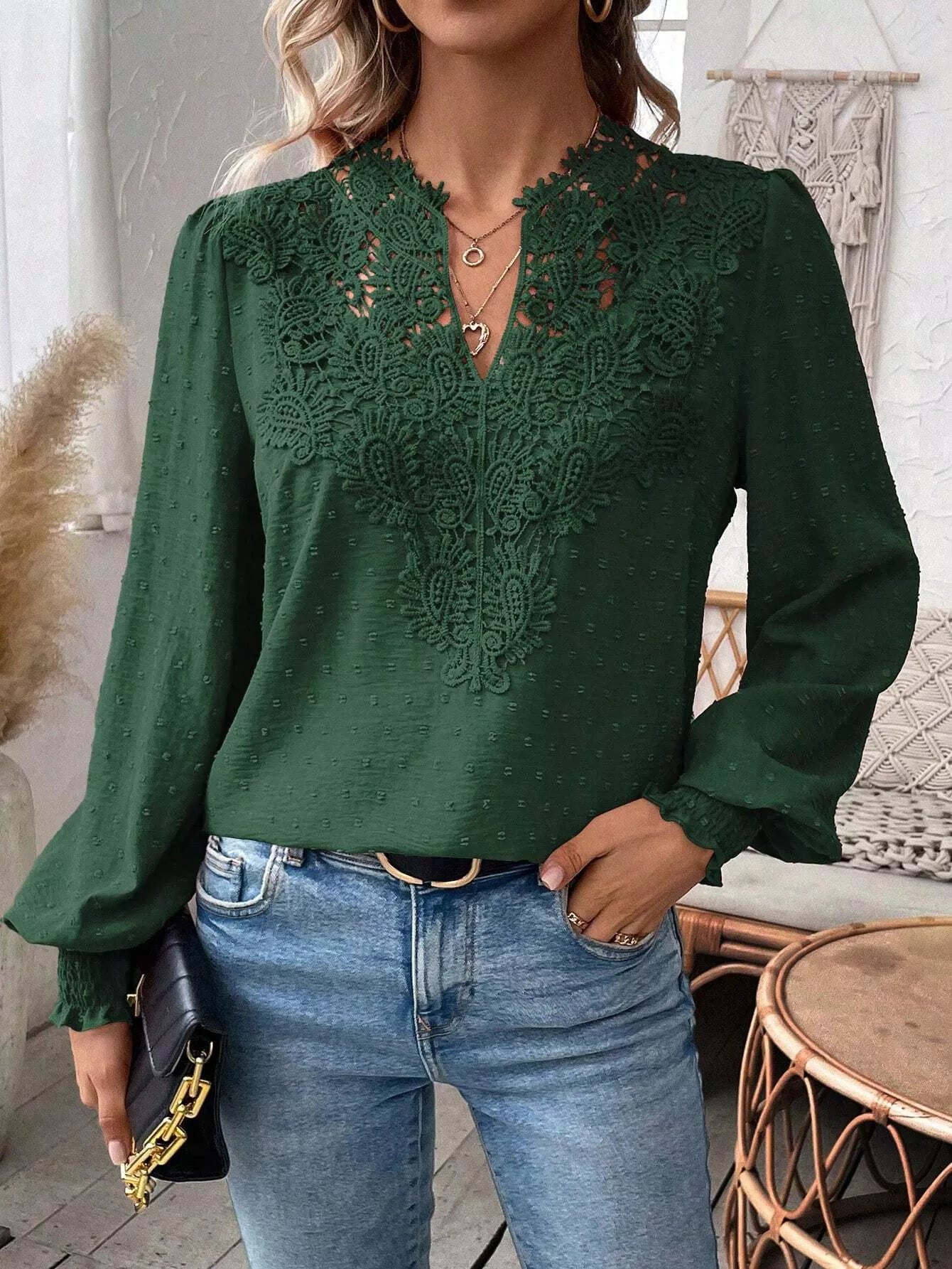 Swiss Dot Lace Detail Long Sleeve Blouse - Flip Flop Dynasty