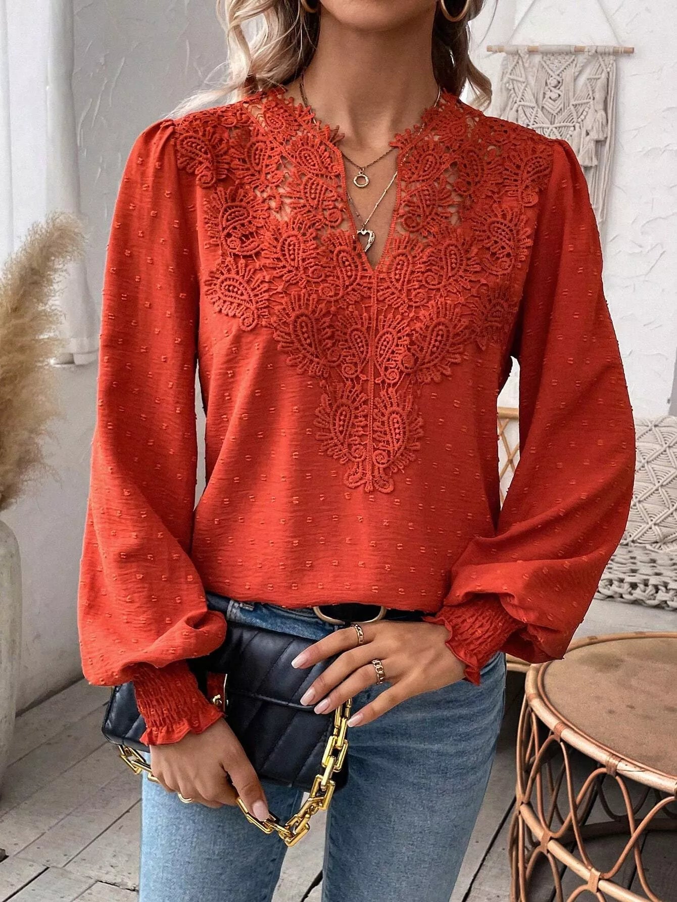 Swiss Dot Lace Detail Long Sleeve Blouse - Flip Flop Dynasty