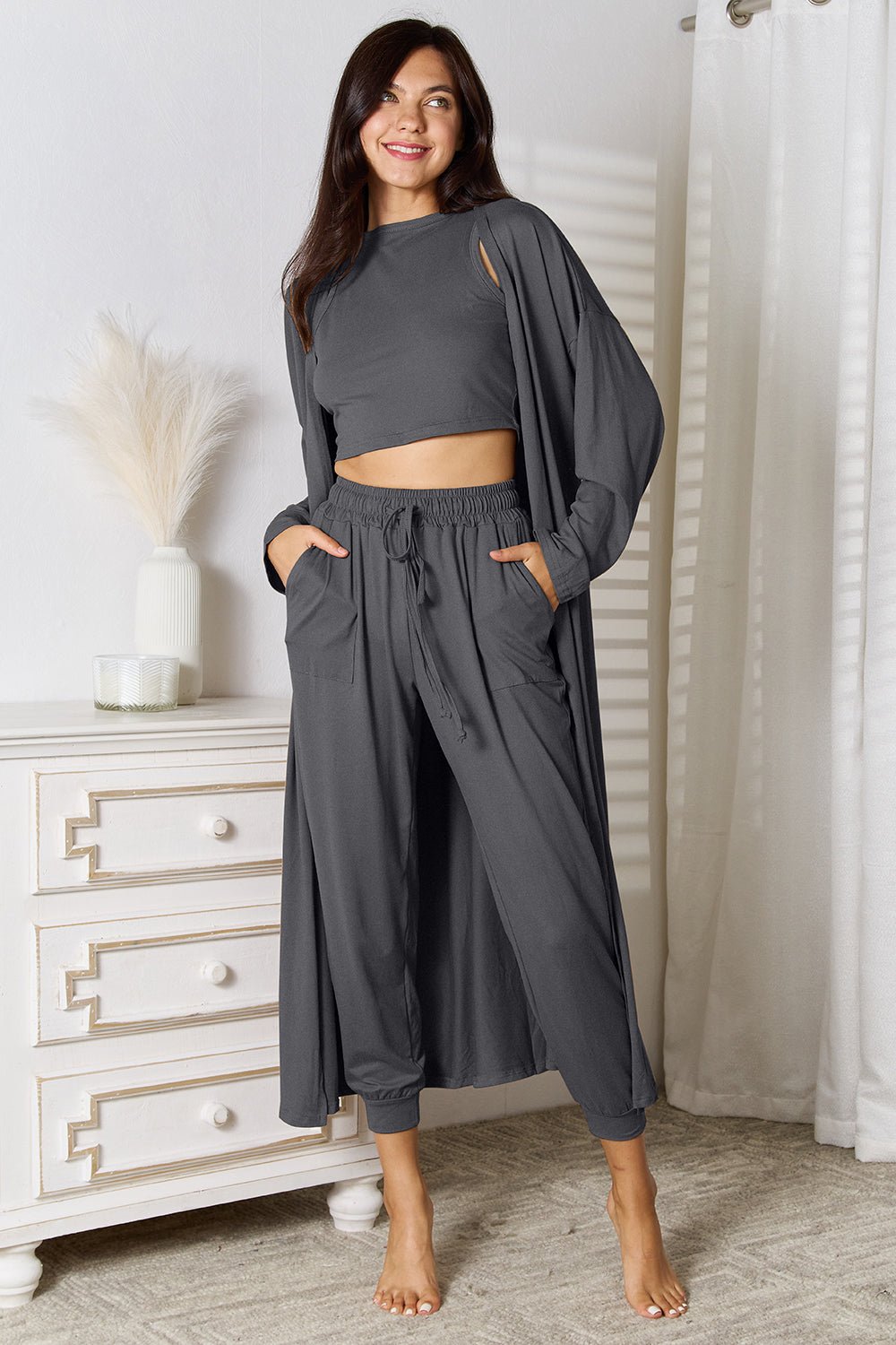 Tank, Pants, and Cardigan Set with Pockets - Flip Flop Dynasty