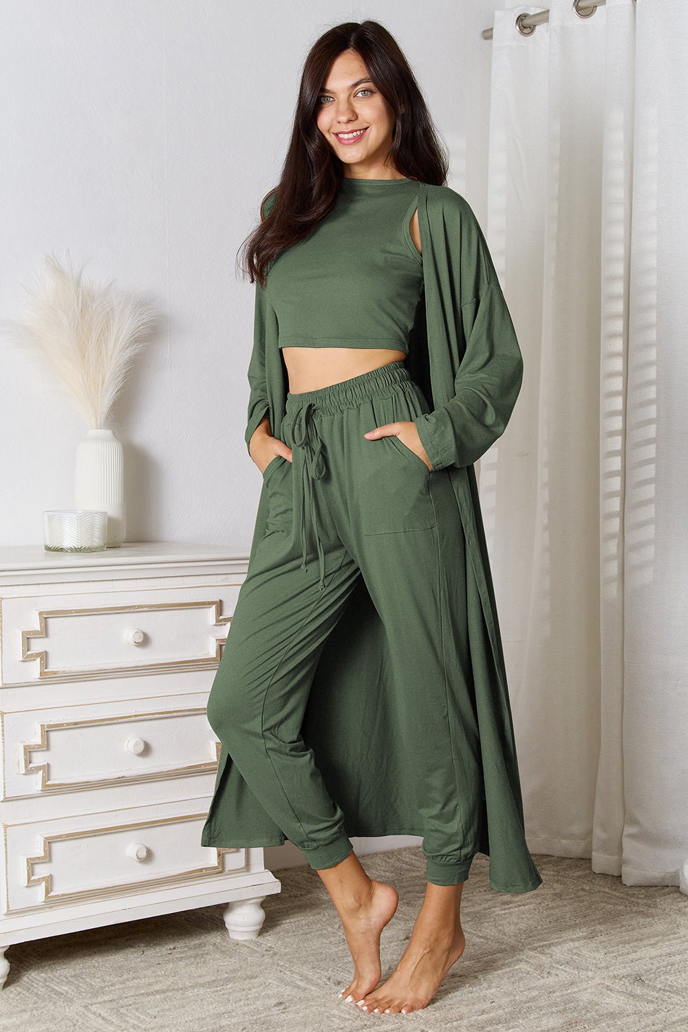 Tank, Pants, and Cardigan Set with Pockets - Flip Flop Dynasty