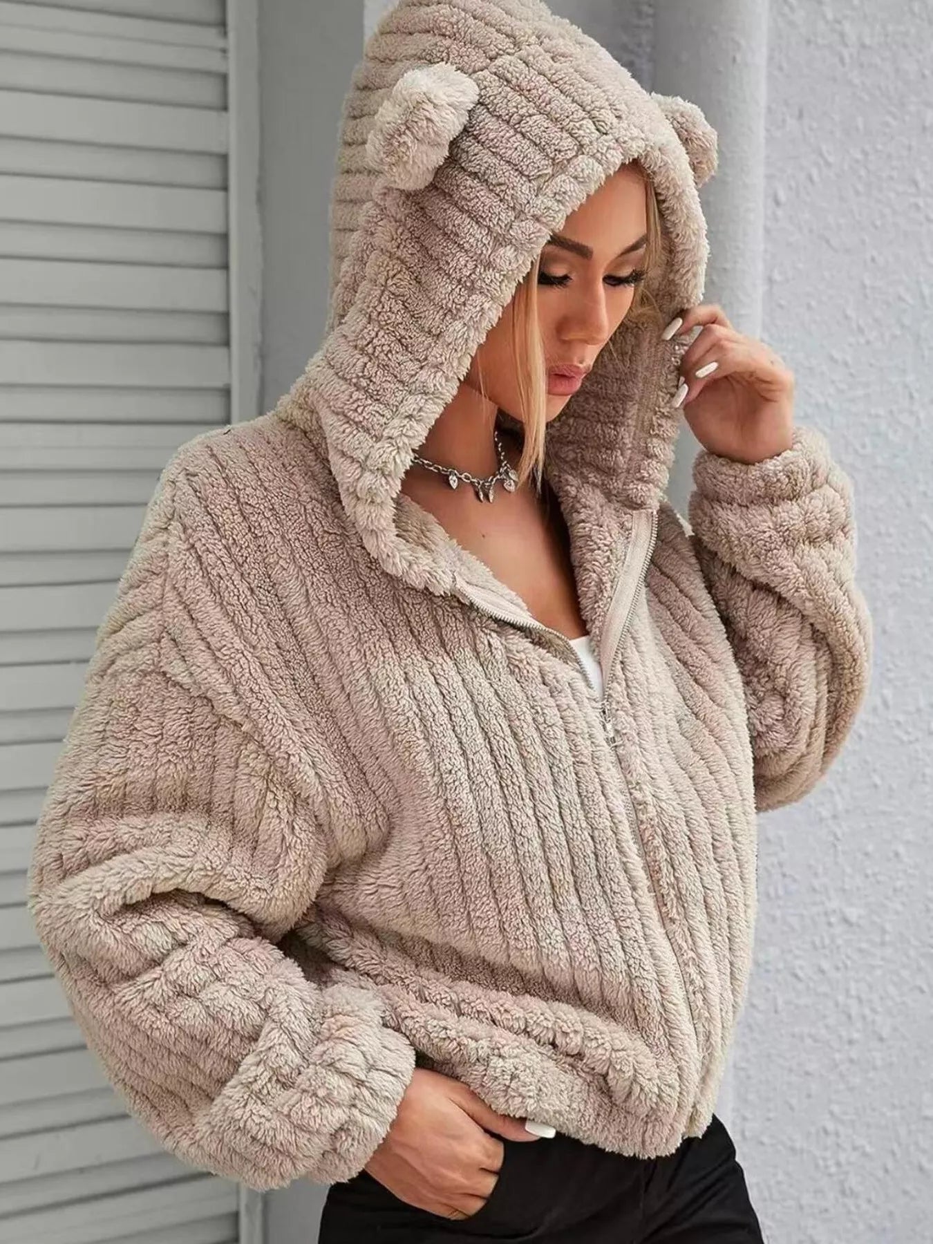 Teddy Bear Ear Hooded Fleece Outerwear - Flip Flop Dynasty