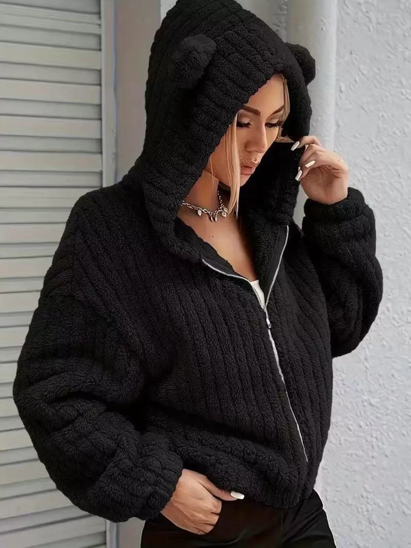 Teddy Bear Ear Hooded Fleece Outerwear - Flip Flop Dynasty