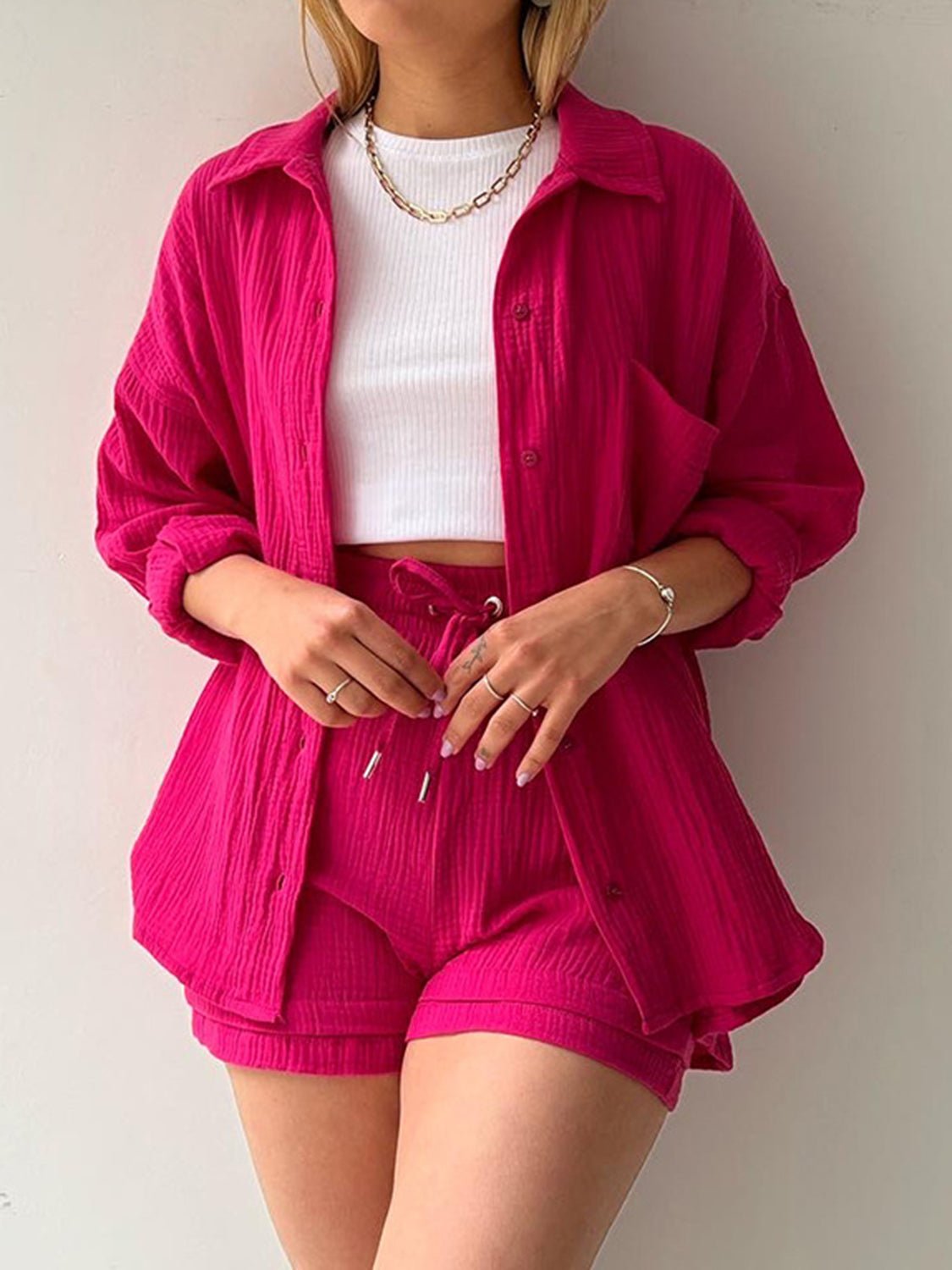 Texture Button Up Shirt and Drawstring Shorts Set - Flip Flop Dynasty