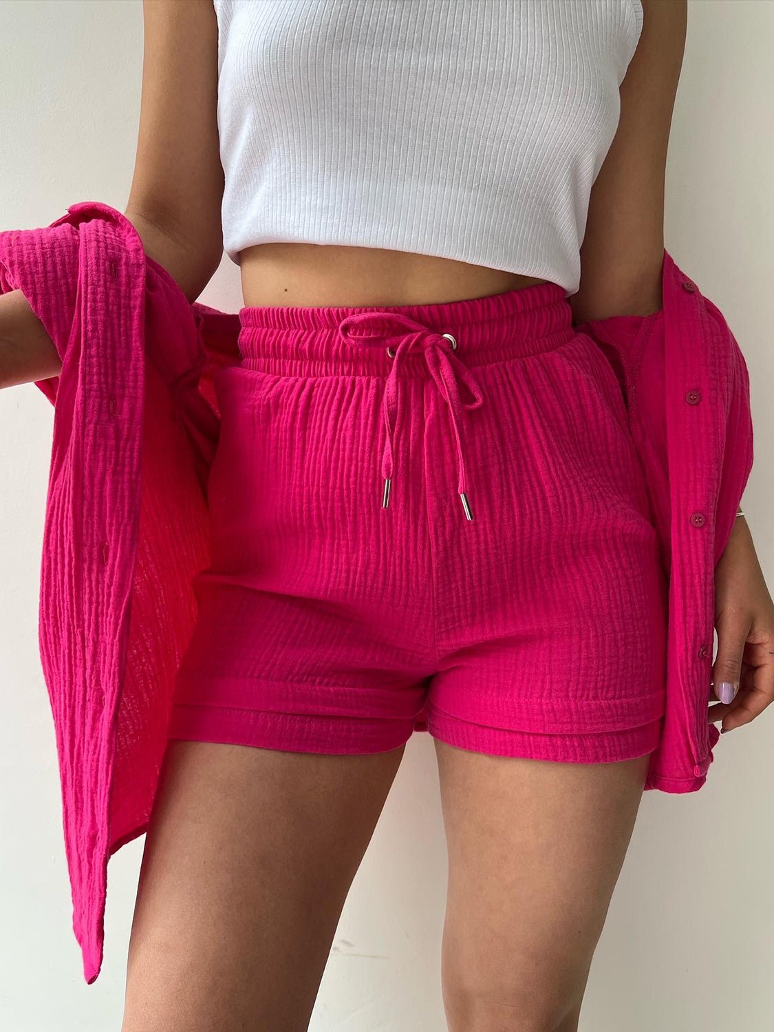 Texture Button Up Shirt and Drawstring Shorts Set - Flip Flop Dynasty