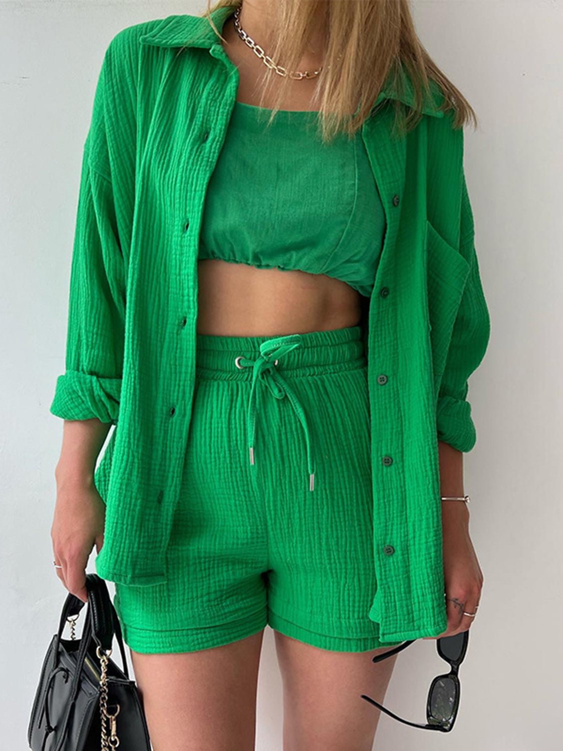 Texture Button Up Shirt and Drawstring Shorts Set - Flip Flop Dynasty