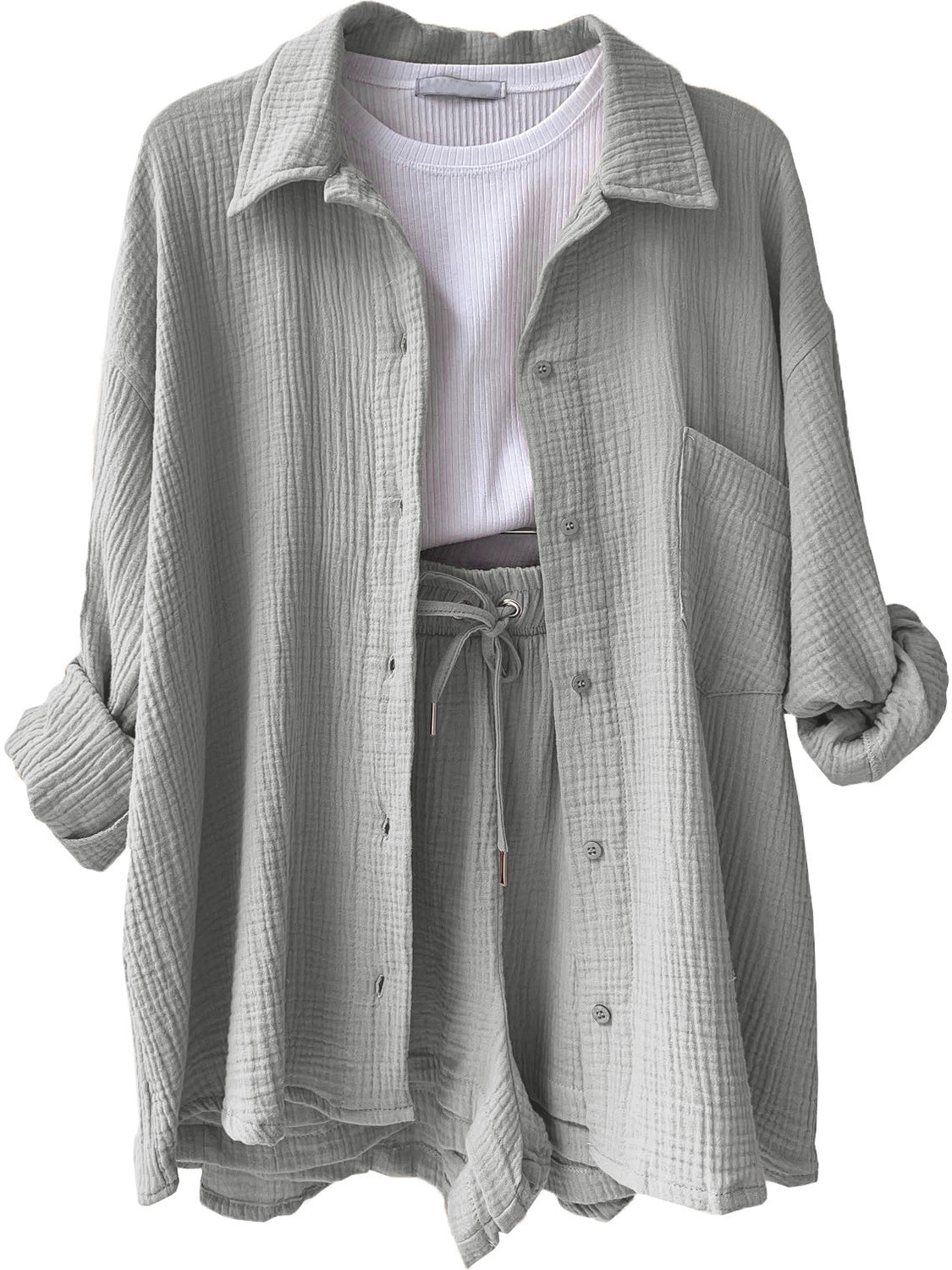 Texture Button Up Shirt and Drawstring Shorts Set - Flip Flop Dynasty