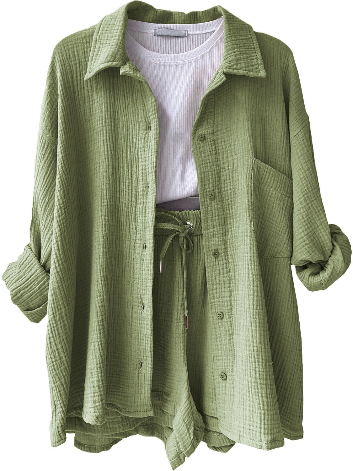 Texture Button Up Shirt and Drawstring Shorts Set - Flip Flop Dynasty