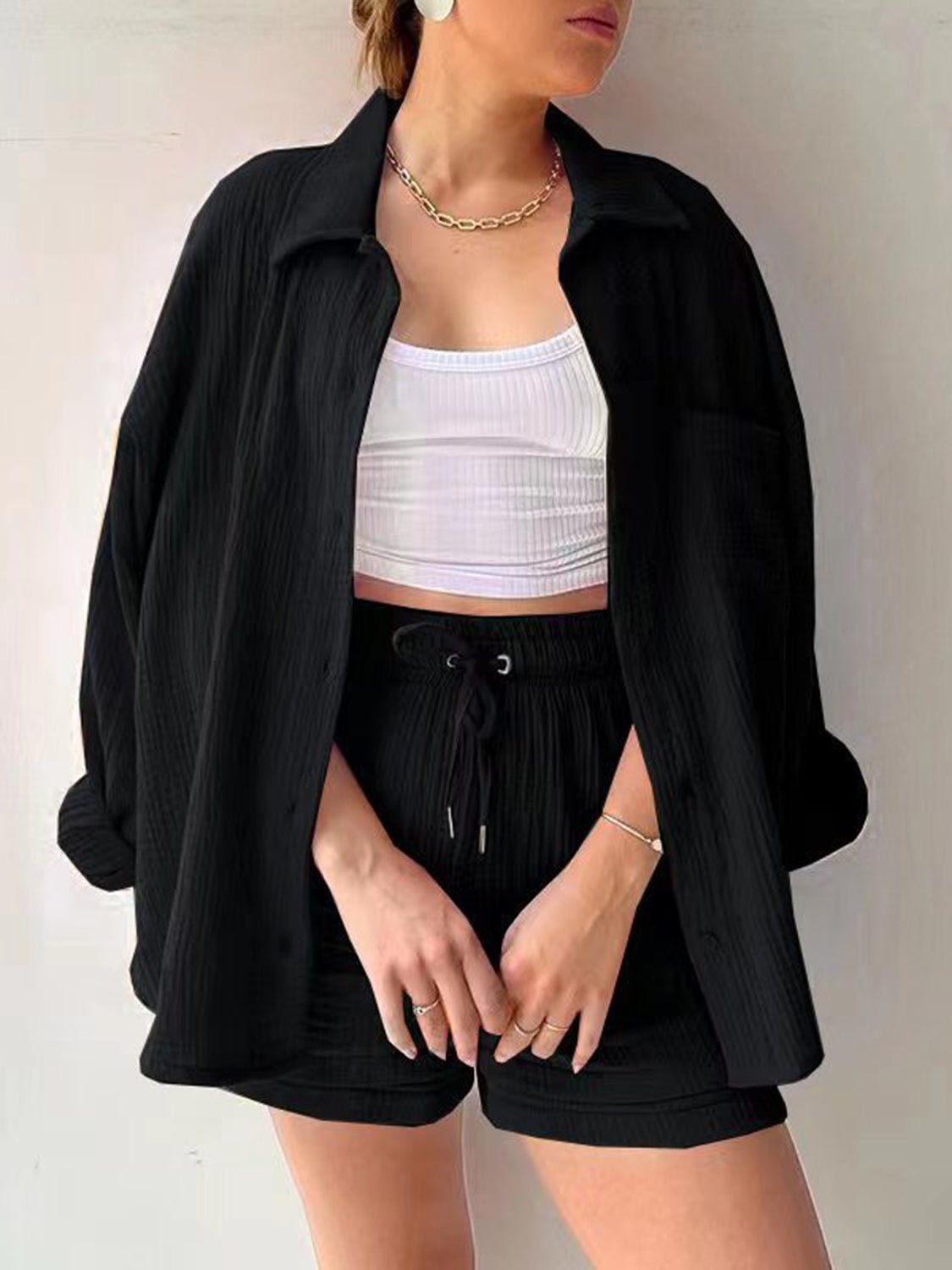Texture Button Up Shirt and Drawstring Shorts Set - Flip Flop Dynasty