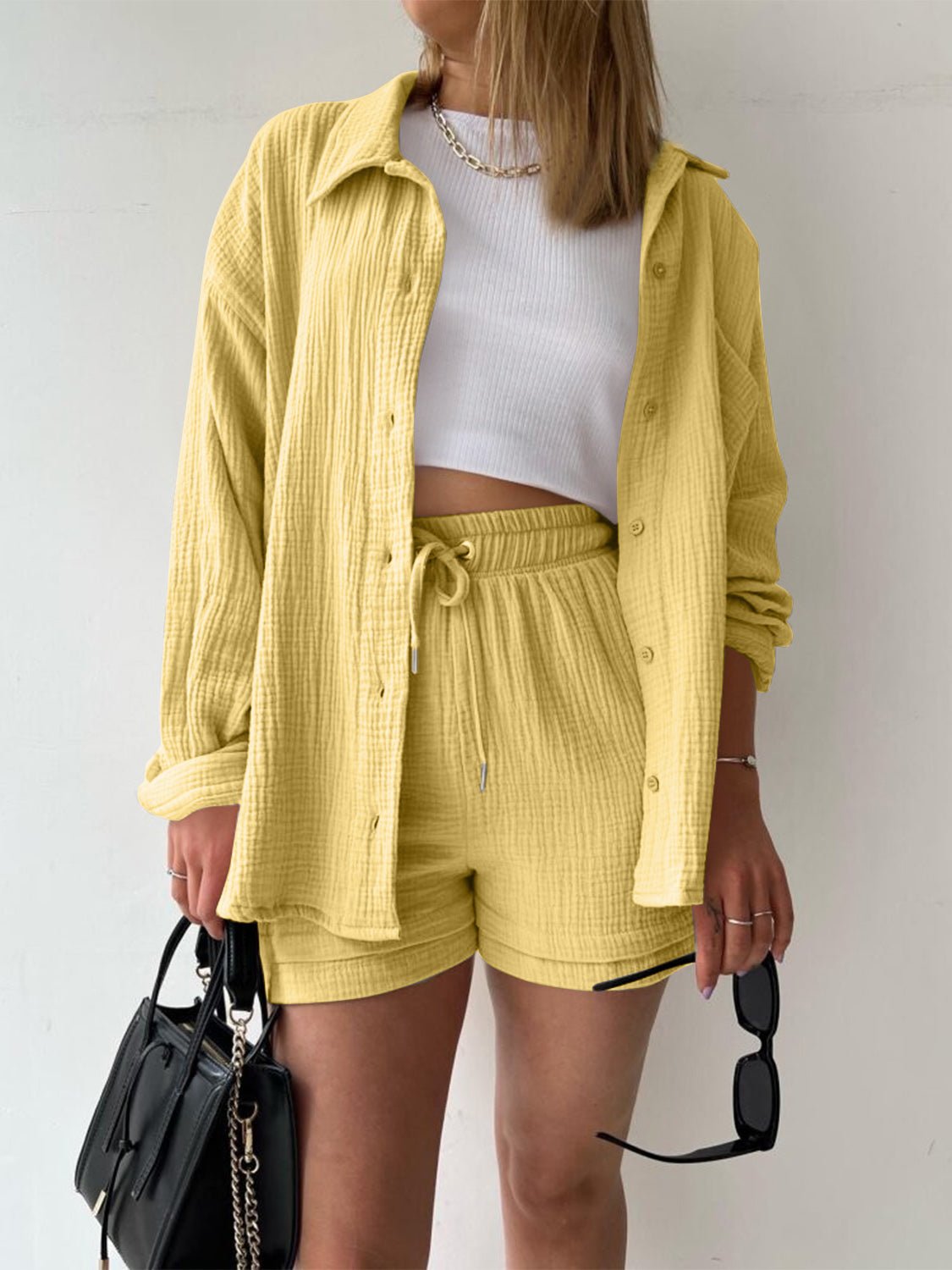 Texture Button Up Shirt and Drawstring Shorts Set - Flip Flop Dynasty