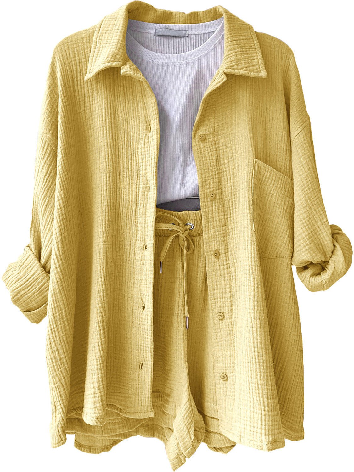 Texture Button Up Shirt and Drawstring Shorts Set - Flip Flop Dynasty
