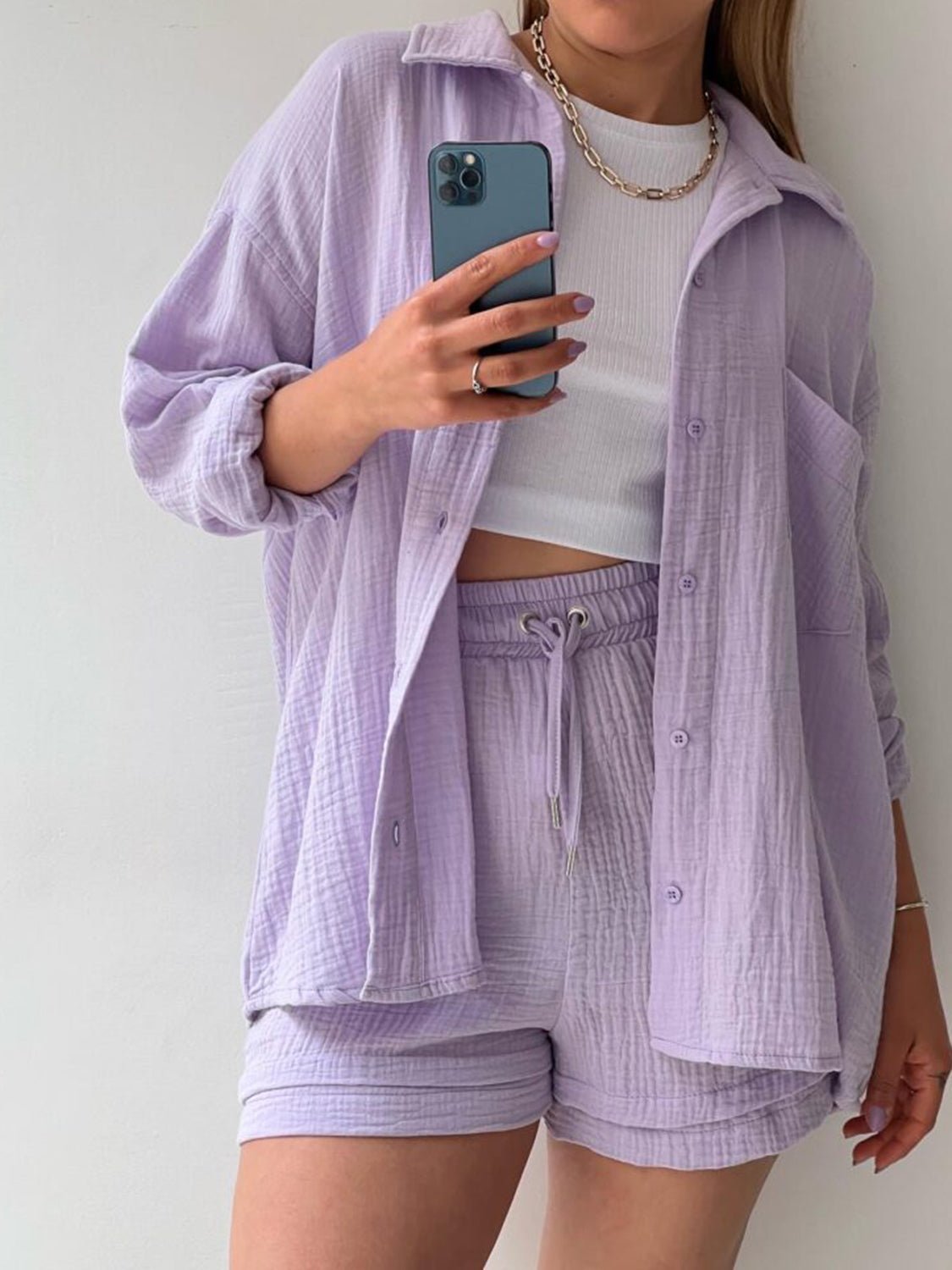 Texture Button Up Shirt and Drawstring Shorts Set - Flip Flop Dynasty