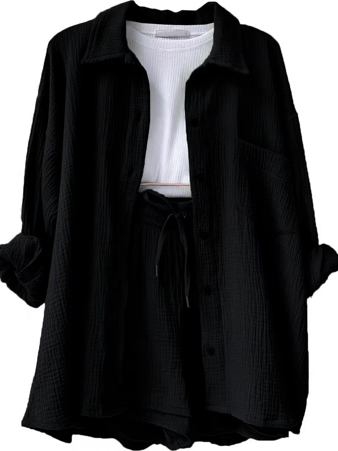 Texture Button Up Shirt and Drawstring Shorts Set - Flip Flop Dynasty