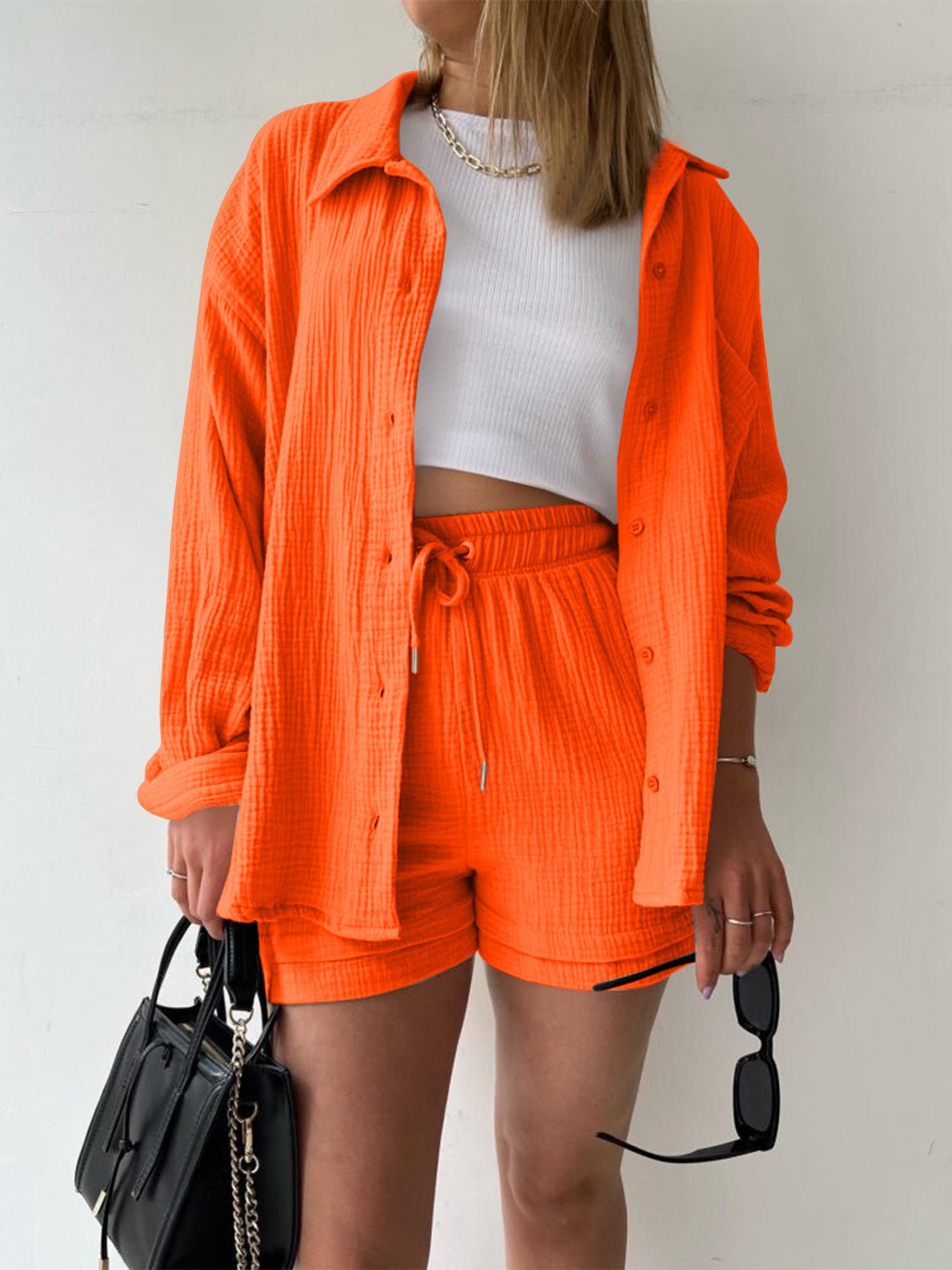 Texture Button Up Shirt and Drawstring Shorts Set - Flip Flop Dynasty