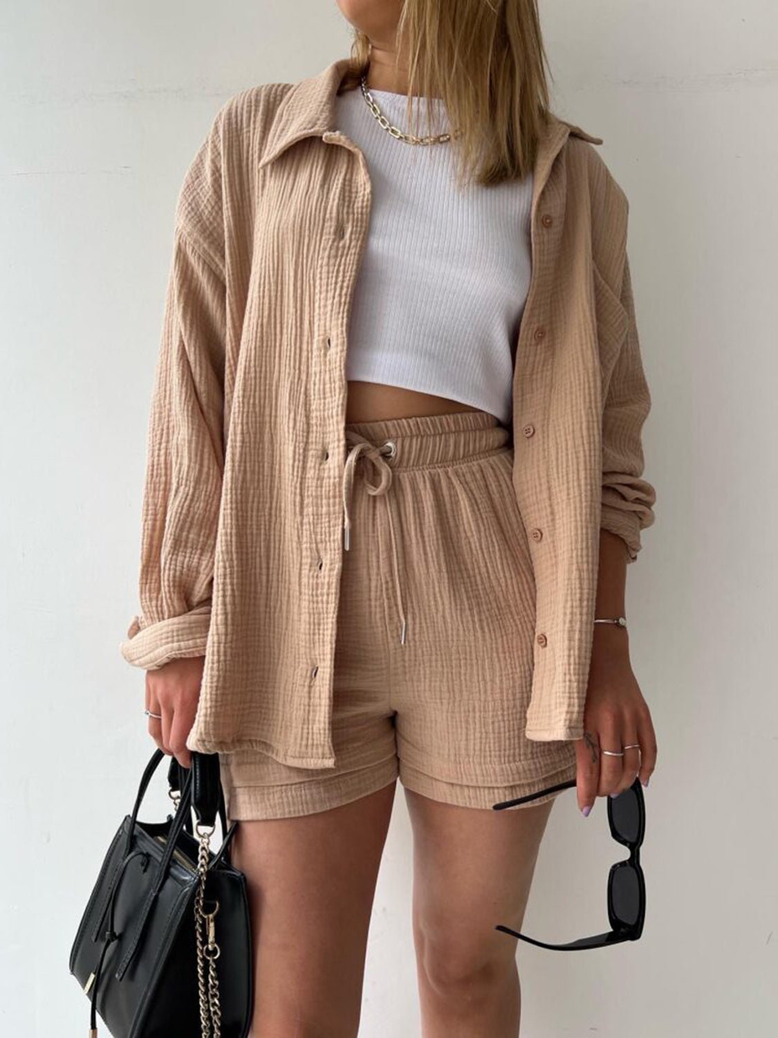 Texture Button Up Shirt and Drawstring Shorts Set - Flip Flop Dynasty