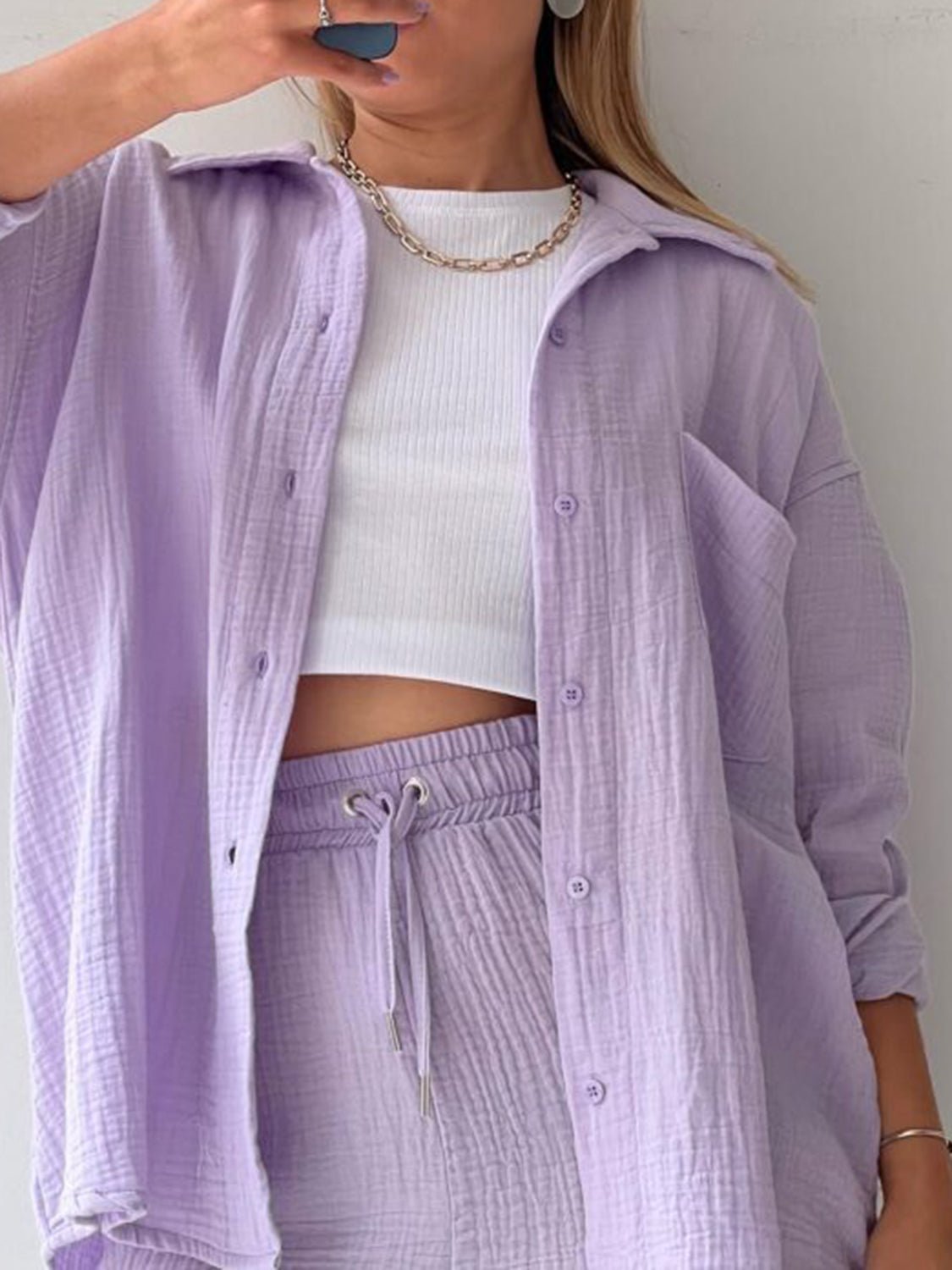 Texture Button Up Shirt and Drawstring Shorts Set - Flip Flop Dynasty