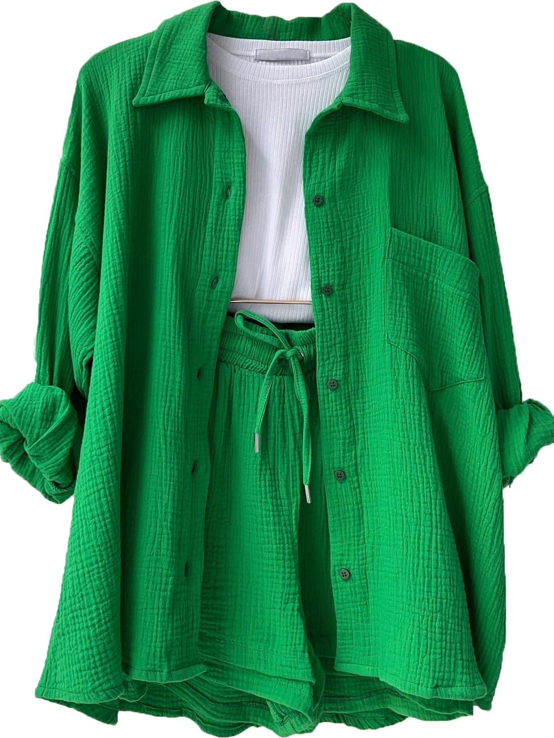 Texture Button Up Shirt and Drawstring Shorts Set - Flip Flop Dynasty