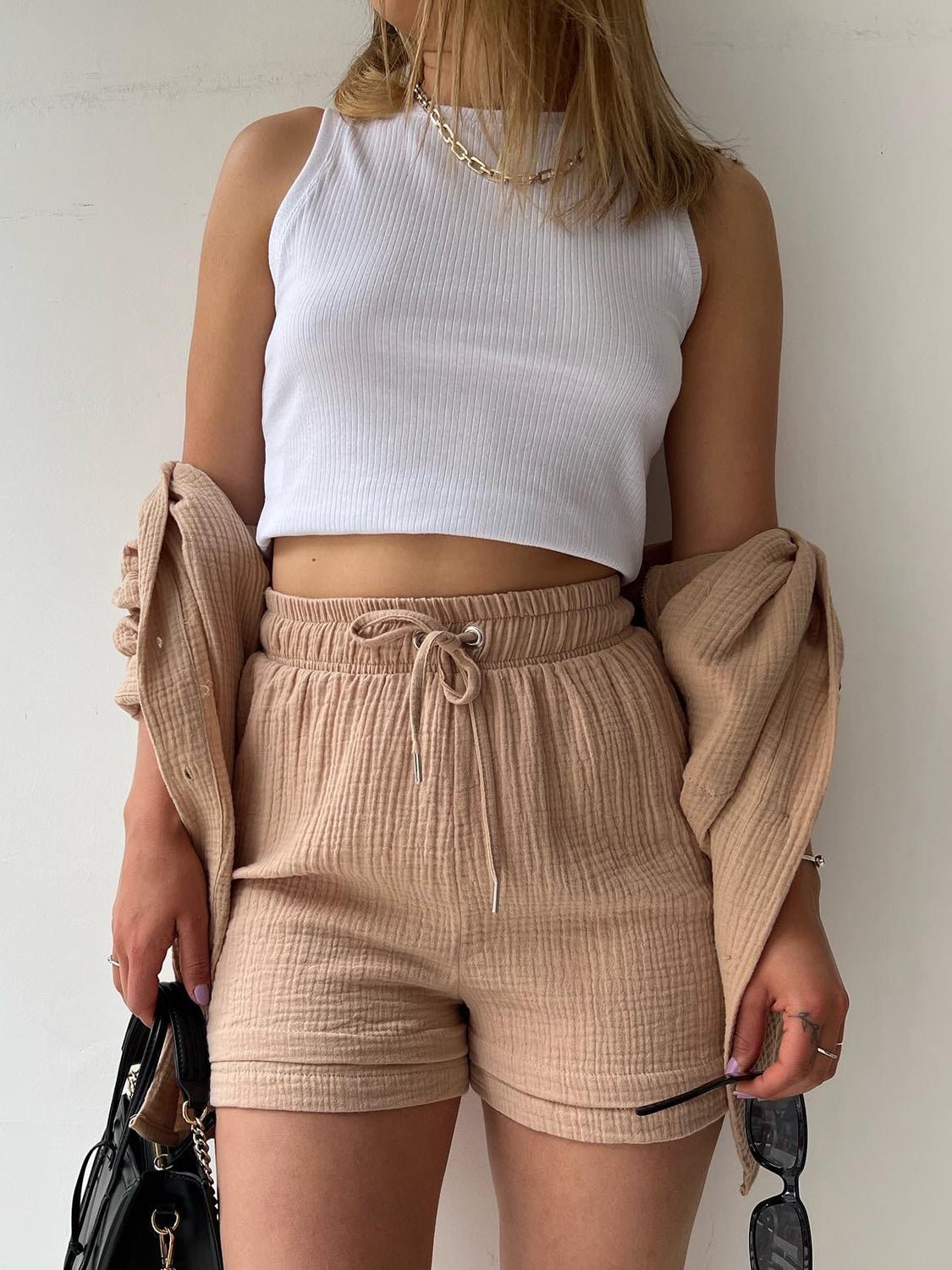 Texture Button Up Shirt and Drawstring Shorts Set - Flip Flop Dynasty