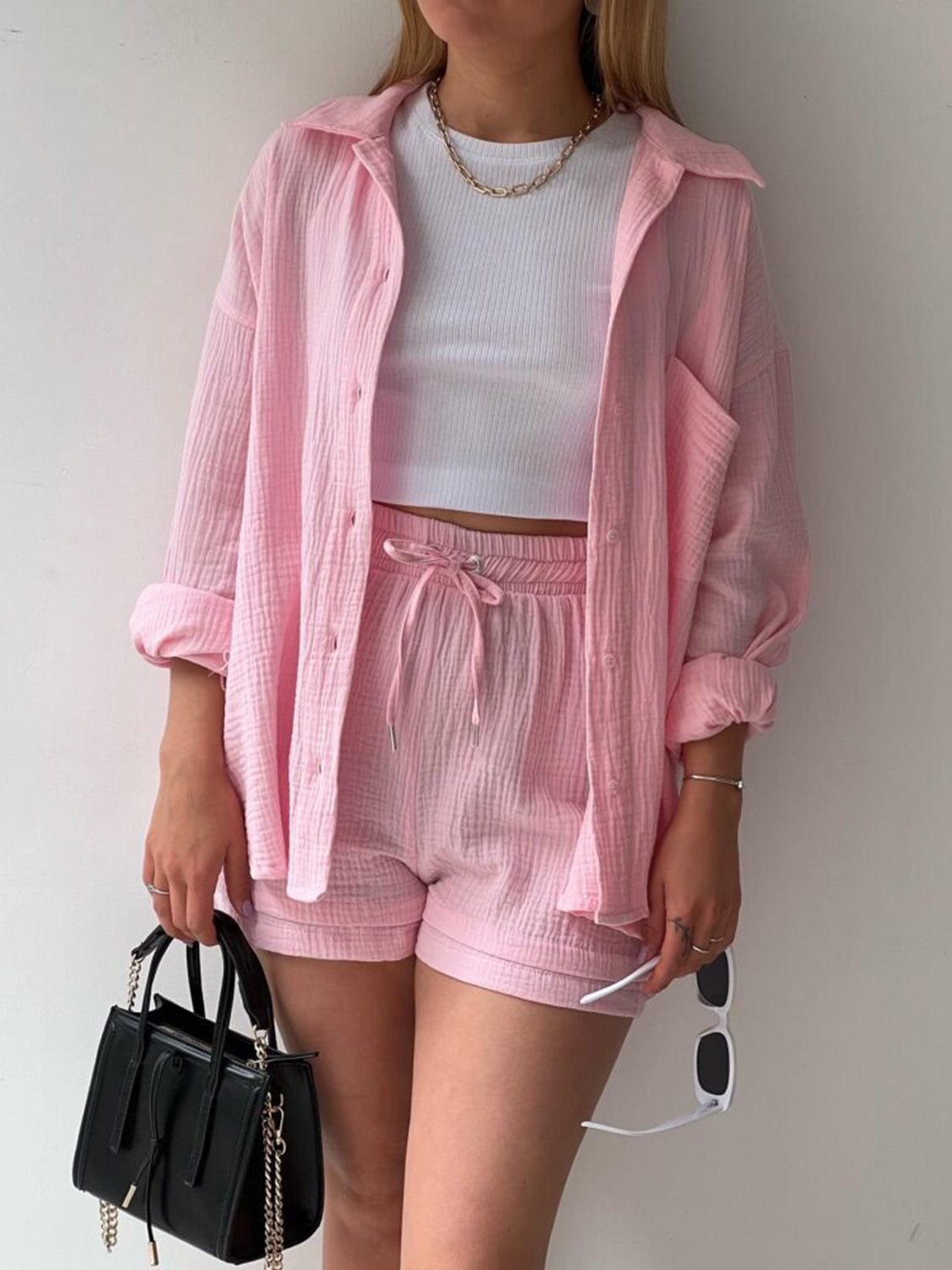 Texture Button Up Shirt and Drawstring Shorts Set - Flip Flop Dynasty