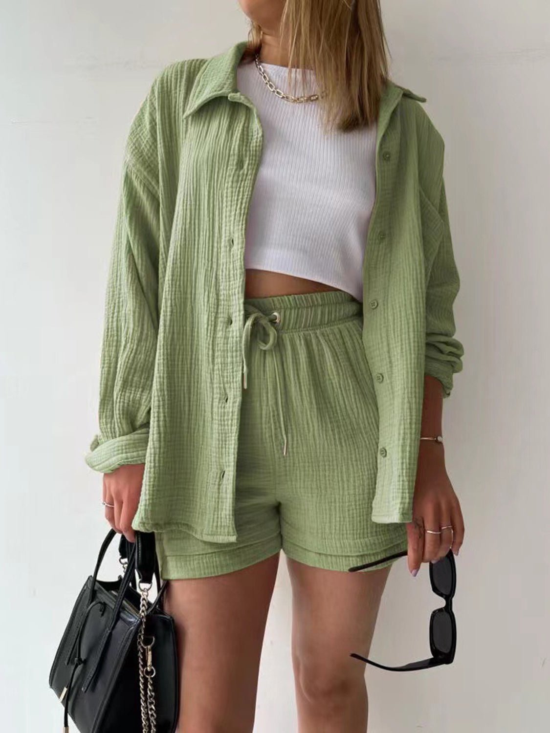 Texture Button Up Shirt and Drawstring Shorts Set - Flip Flop Dynasty
