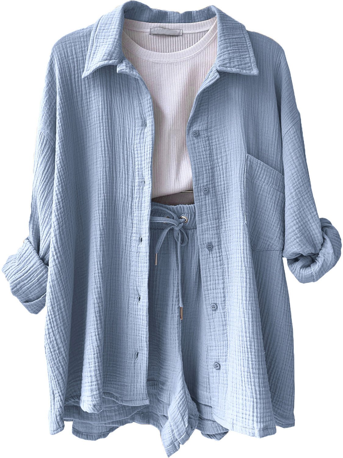Texture Button Up Shirt and Drawstring Shorts Set - Flip Flop Dynasty
