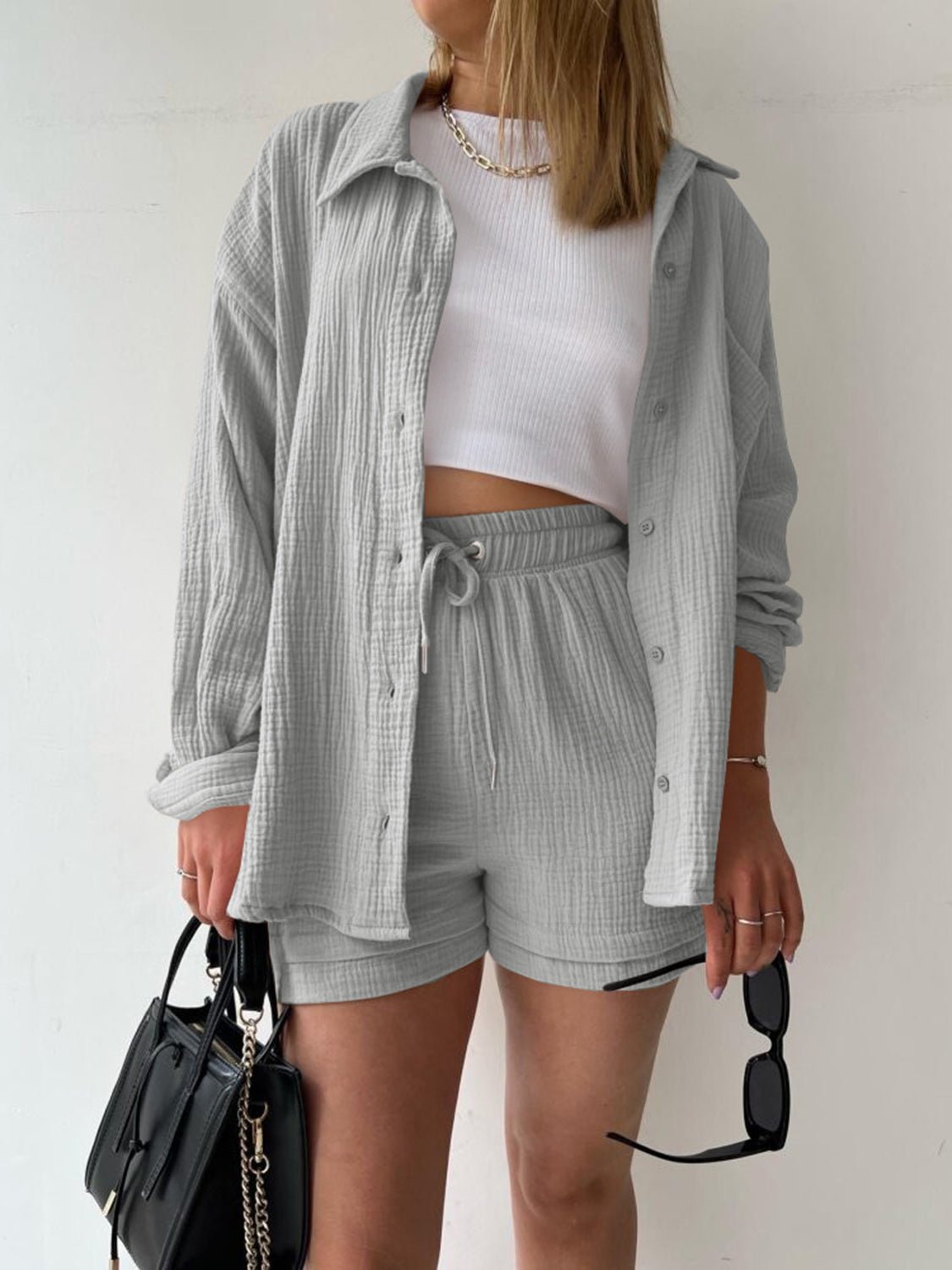 Texture Button Up Shirt and Drawstring Shorts Set - Flip Flop Dynasty