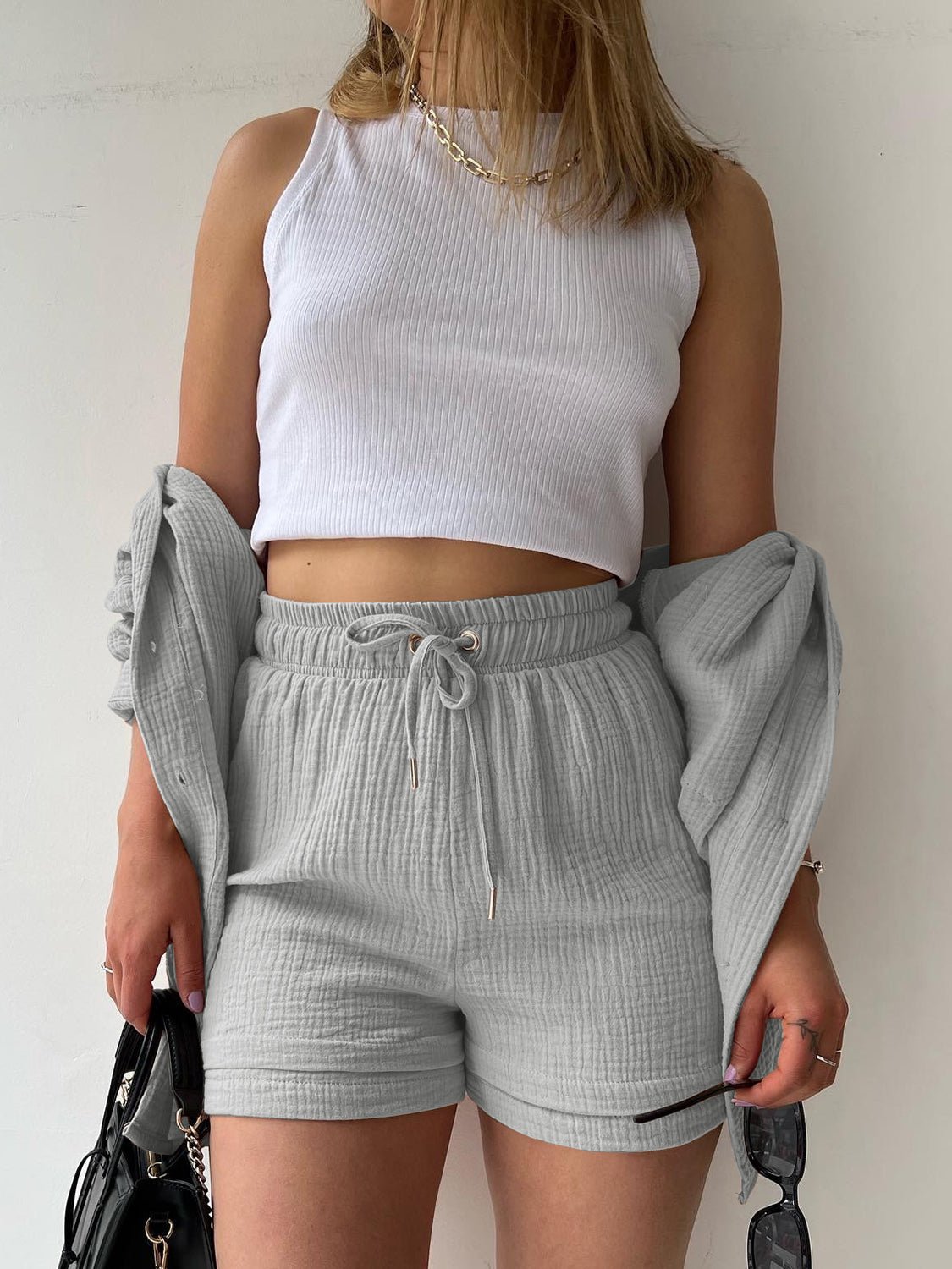 Texture Button Up Shirt and Drawstring Shorts Set - Flip Flop Dynasty
