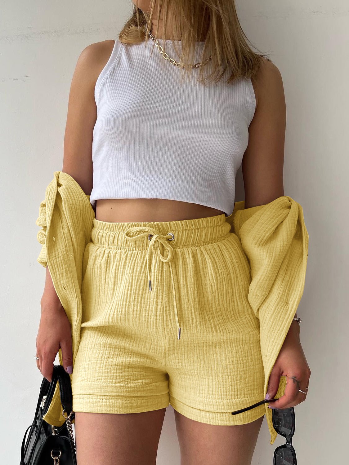 Texture Button Up Shirt and Drawstring Shorts Set - Flip Flop Dynasty