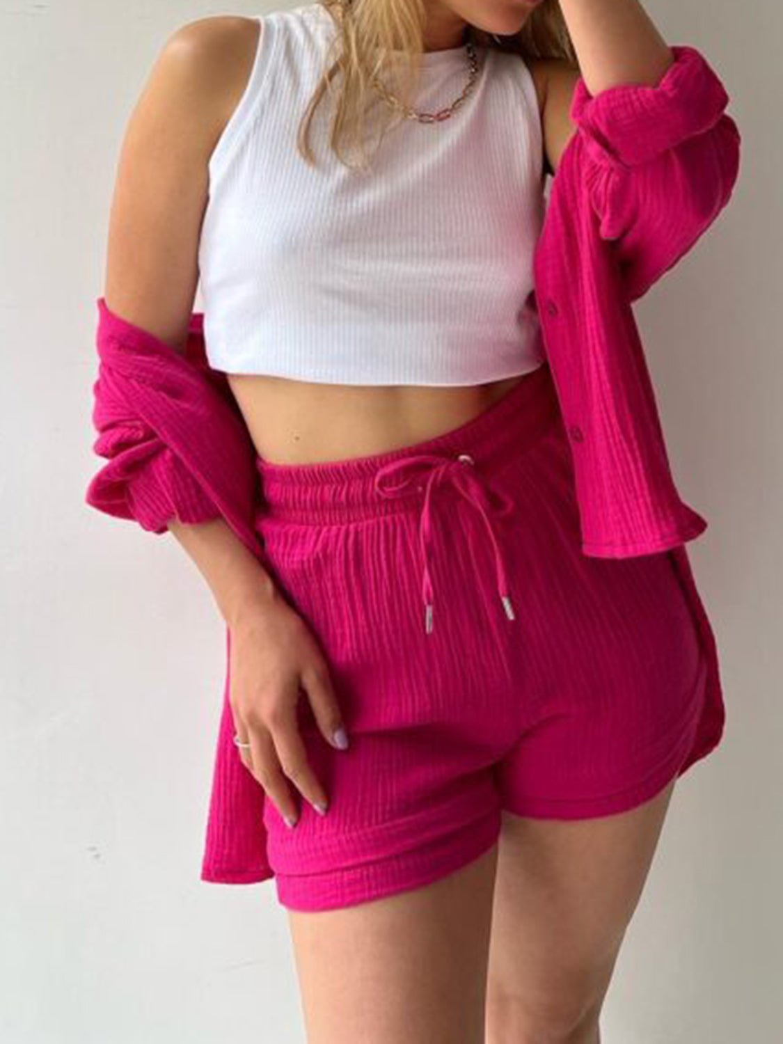 Texture Button Up Shirt and Drawstring Shorts Set - Flip Flop Dynasty