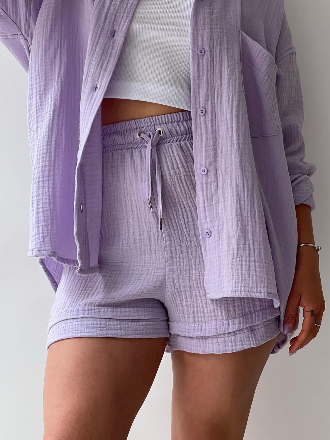 Texture Button Up Shirt and Drawstring Shorts Set - Flip Flop Dynasty