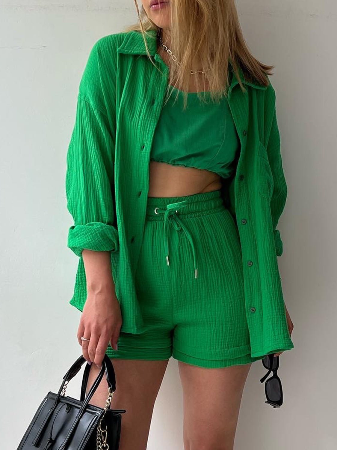 Texture Button Up Shirt and Drawstring Shorts Set - Flip Flop Dynasty